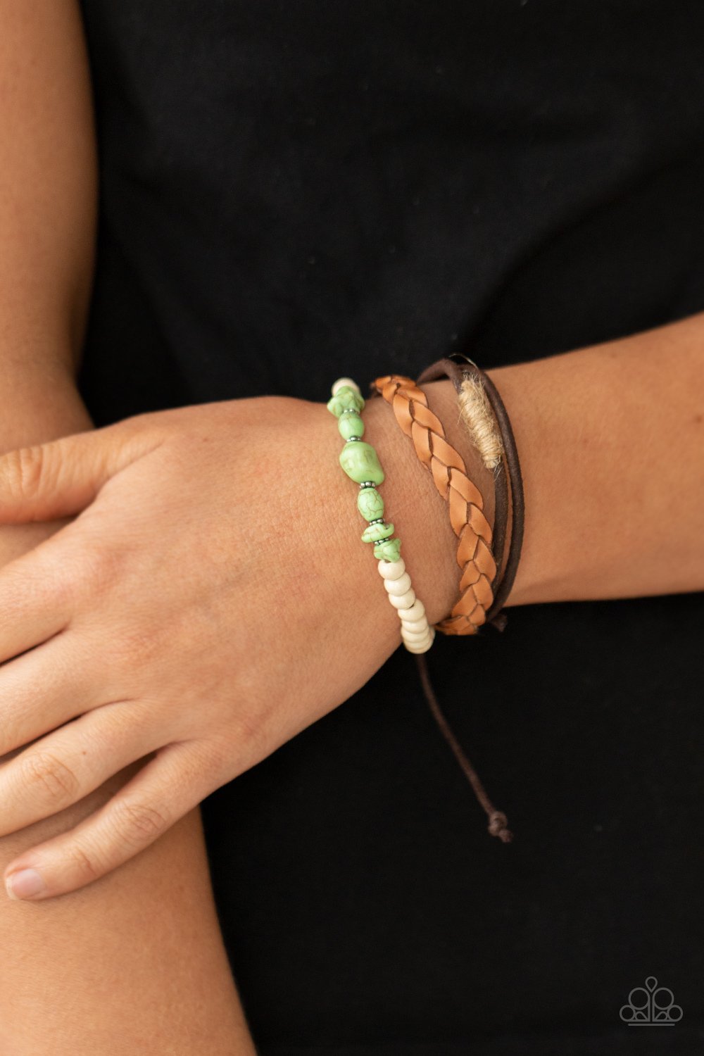 &lt;p&gt; Mismatched strands of brown suede, braided brown leather, and green stones and white wooden beads layer across the wrist for a colorful seasonal look. Features an adjustable sliding knot closure.&lt;/p&gt;

&lt;p&gt;&lt;i&gt; Sold as one individual bracelet.&lt;/i&gt;&lt;/p&gt;


