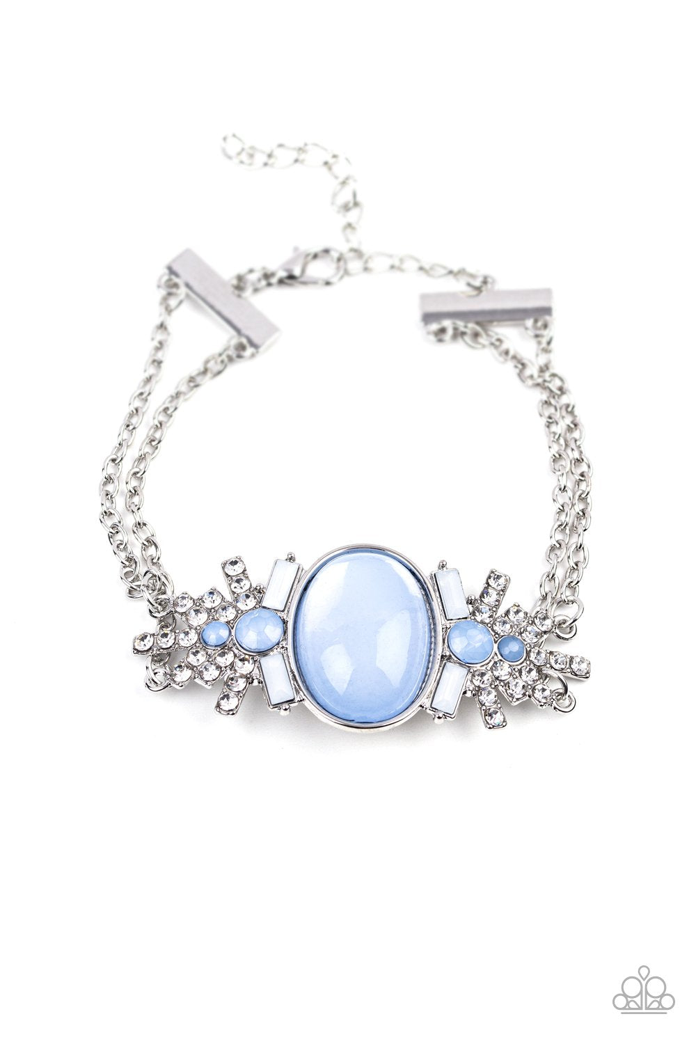 &lt;p&gt;Dotted with opaque blue and white beads, white rhinestone encrusted silver frames flare out from a dewy blue beaded center. Two dainty silver chains attach to the colorful centerpiece for a whimsically layered look. Features an adjustable clasp closure.&lt;/p&gt;
&lt;p&gt;&lt;i&gt;Sold as one individual.&lt;/i&gt;&lt;/p&gt;