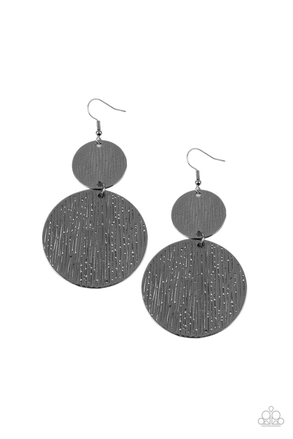 &lt;p&gt;Embossed in tactile linear patterns, two mismatched gunmetal discs link into a glistening lure. Earring attaches to a standard fishhook fitting. &lt;/p&gt;  

&lt;p&gt; &lt;i&gt;  Sold as one pair of earrings. &lt;/i&gt;  &lt;/p&gt;


&lt;img src=\&quot;https://d9b54x484lq62.cloudfront.net/paparazzi/shopping/images/517_tag150x115_1.png\&quot; alt=\&quot;New Kit\&quot; align=\&quot;middle\&quot; height=\&quot;50\&quot; width=\&quot;50\&quot;&gt;