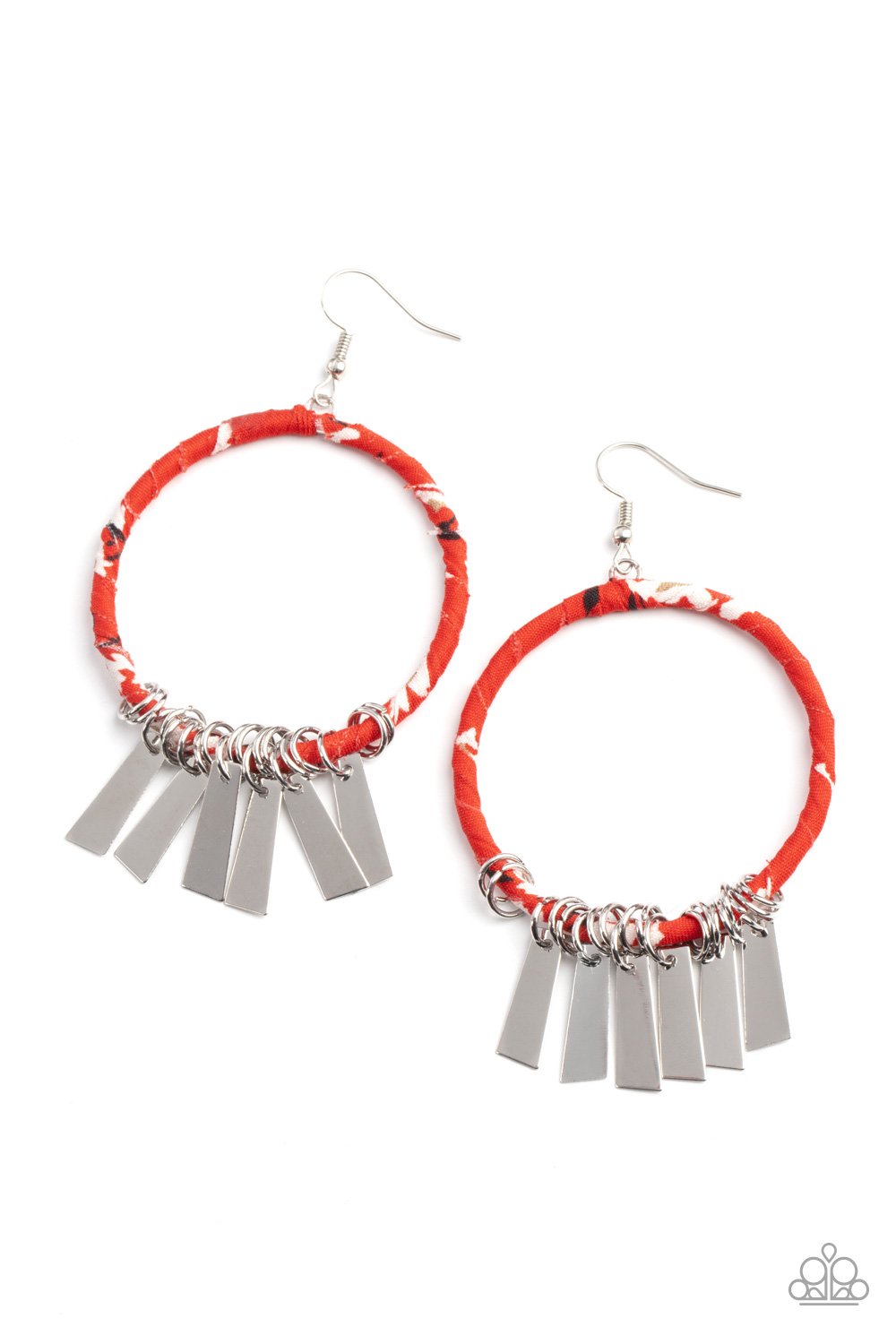 &lt;p&gt;Flared rectangular silver plates swing from the bottom of a hoop wrapped in red, black, and white floral fabric, creating a whimsical fringe. Earring attaches to a standard fishhook fitting. &lt;/p&gt;  

&lt;p&gt;&lt;br&gt;&lt;/p&gt;