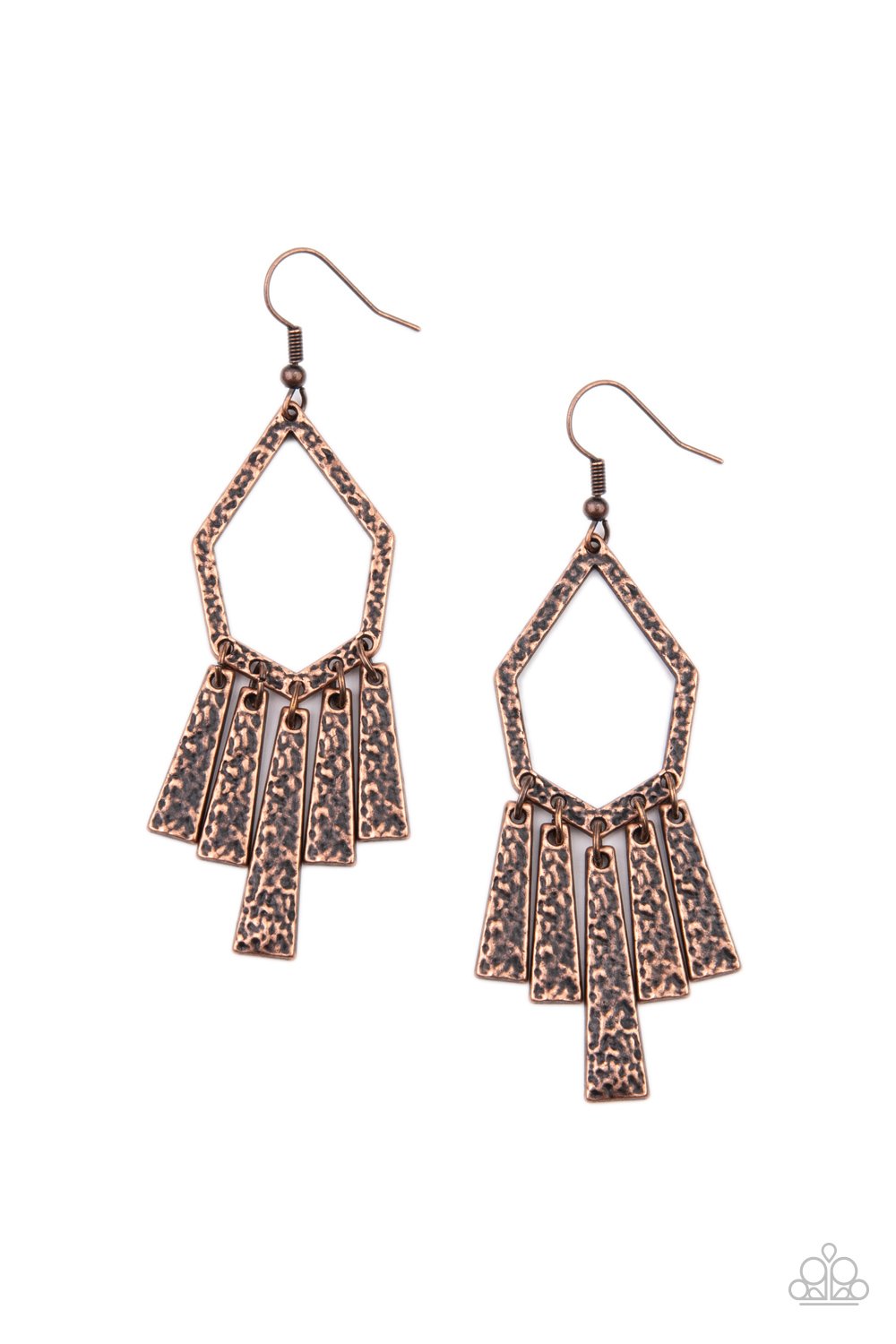 &lt;p&gt;Hammered in antiqued detail, flared rectangular frames swing from the bottom of a geometric copper frame for a rustic flair. Earring attaches to a standard fishhook fitting. &lt;/p&gt;  

&lt;p&gt; &lt;i&gt;  Sold as one pair of earrings. &lt;/i&gt;  &lt;/p&gt;


&lt;img src=\&quot;https://d9b54x484lq62.cloudfront.net/paparazzi/shopping/images/517_tag150x115_1.png\&quot; alt=\&quot;New Kit\&quot; align=\&quot;middle\&quot; height=\&quot;50\&quot; width=\&quot;50\&quot;&gt;