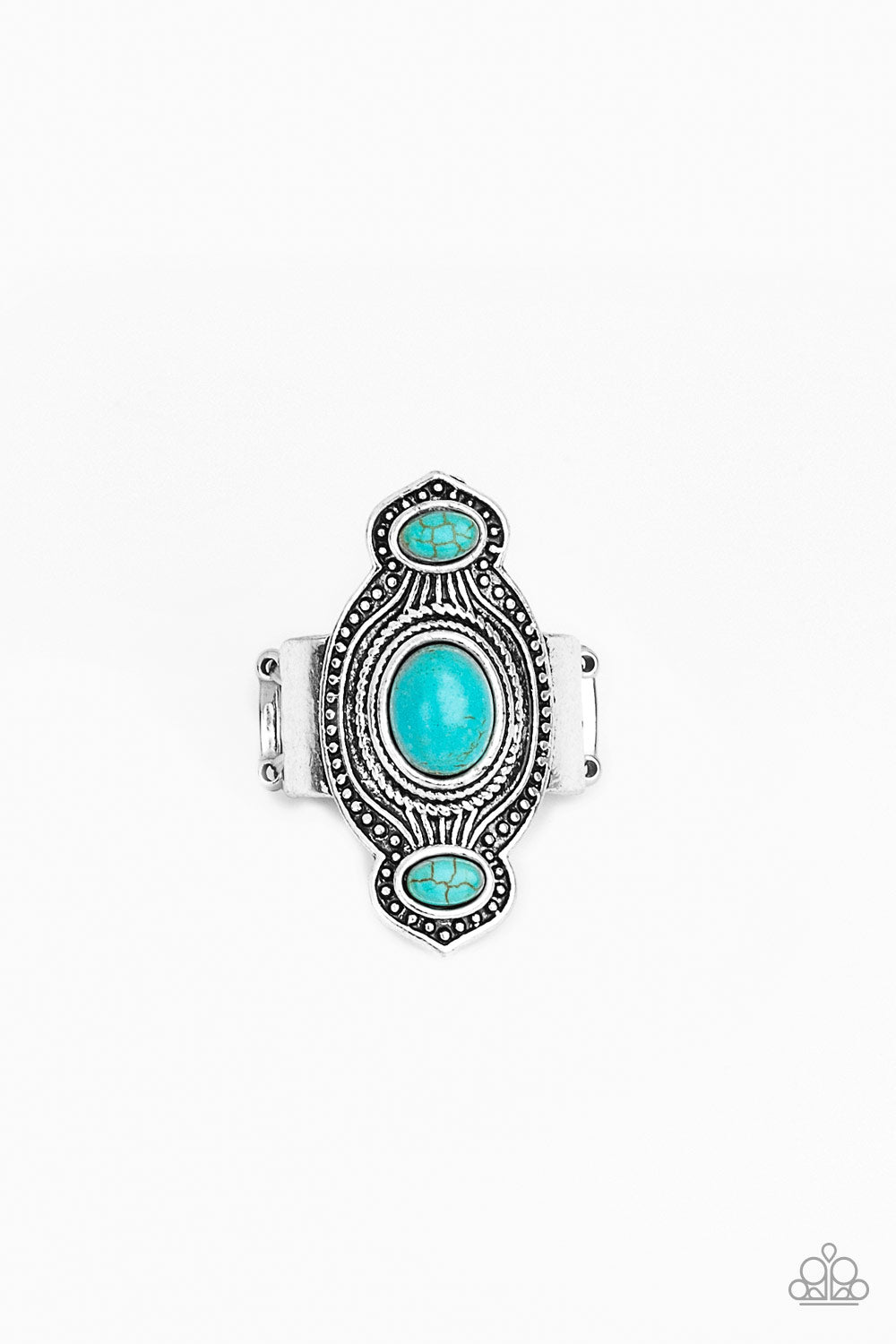 &lt;P&gt;Three refreshing turquoise stones are pressed into an abstract silver frame radiating with texture and studded details for a seasonal look. Features a stretchy band for a flexible fit. &lt;/P&gt;  

&lt;P&gt; &lt;I&gt;  Sold as one individual ring.
&lt;/I&gt;&lt;/P&gt;

&lt;img src=\&quot;https://d9b54x484lq62.cloudfront.net/paparazzi/shopping/images/517_tag150x115_1.png\&quot; alt=\&quot;New Kit\&quot; align=\&quot;middle\&quot; height=\&quot;50\&quot; width=\&quot;50\&quot;/&gt;