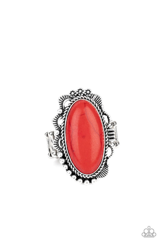 &lt;P&gt;A fiery red stone is pressed into an ornate silver frame rippling with studded and serrated textures for a seasonal flair. Features a stretchy band for a flexible fit.

 &lt;/P&gt;  

&lt;P&gt; &lt;I&gt;  Sold as one individual ring.
&lt;/I&gt;&lt;/P&gt;

&lt;imgsrc=\&quot;https://d9b54x484lq62.cloudfront.net/paparazzi/shopping/images/517_tag150x115_1.png\&quot; alt=\&quot;New Kit\&quot; align=\&quot;middle\&quot; height=\&quot;50\&quot; width=\&quot;50\&quot;/&gt;