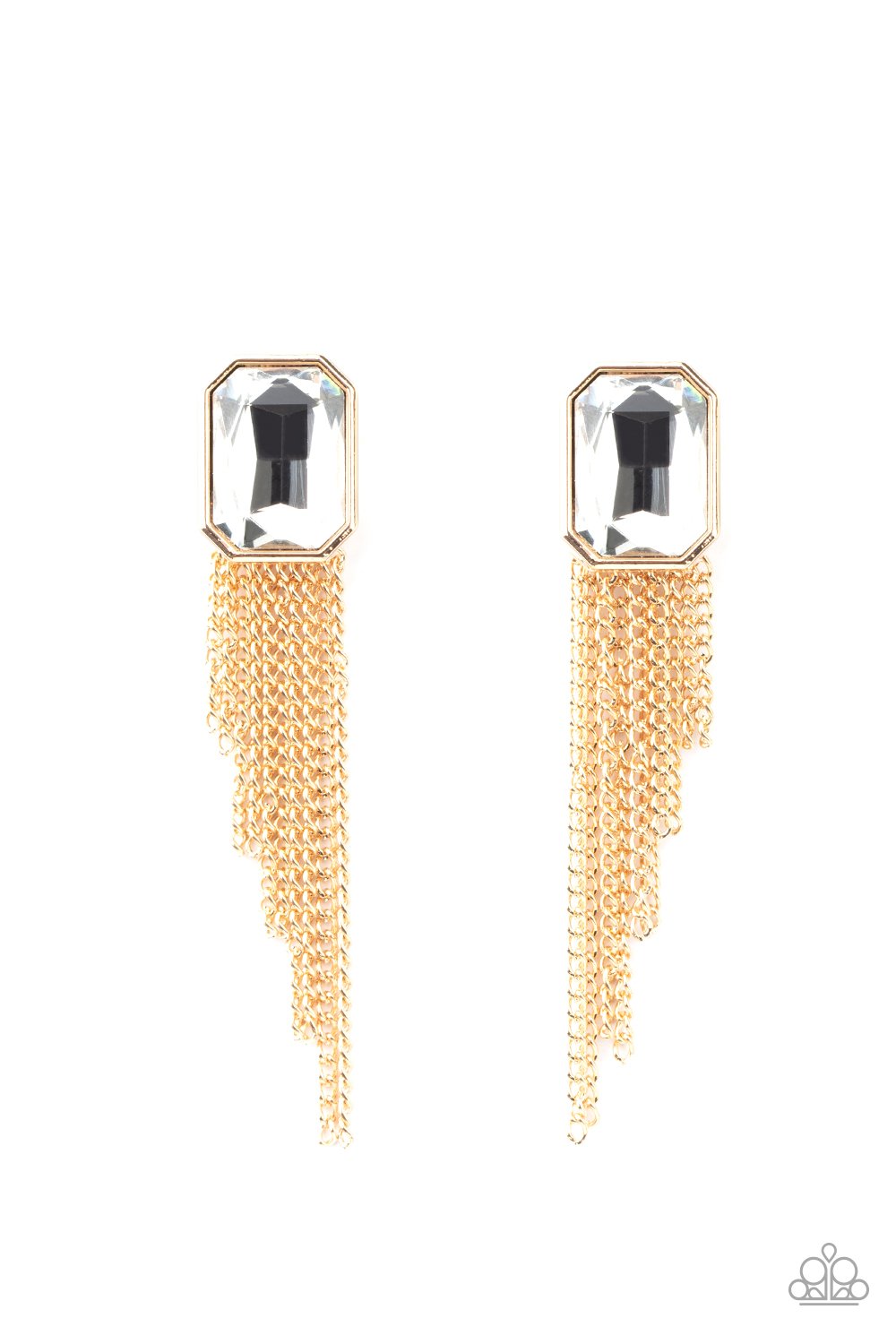 &lt;p&gt;Tapered gold chains stream from the bottom of an oversized white emerald cut gem, creating a regal fringe. Earring attaches to a standard post fitting.&lt;/p&gt;
&lt;p&gt;&lt;i&gt; Sold as one pair of double-sided post earrings. &lt;/i&gt;&lt;/p&gt;