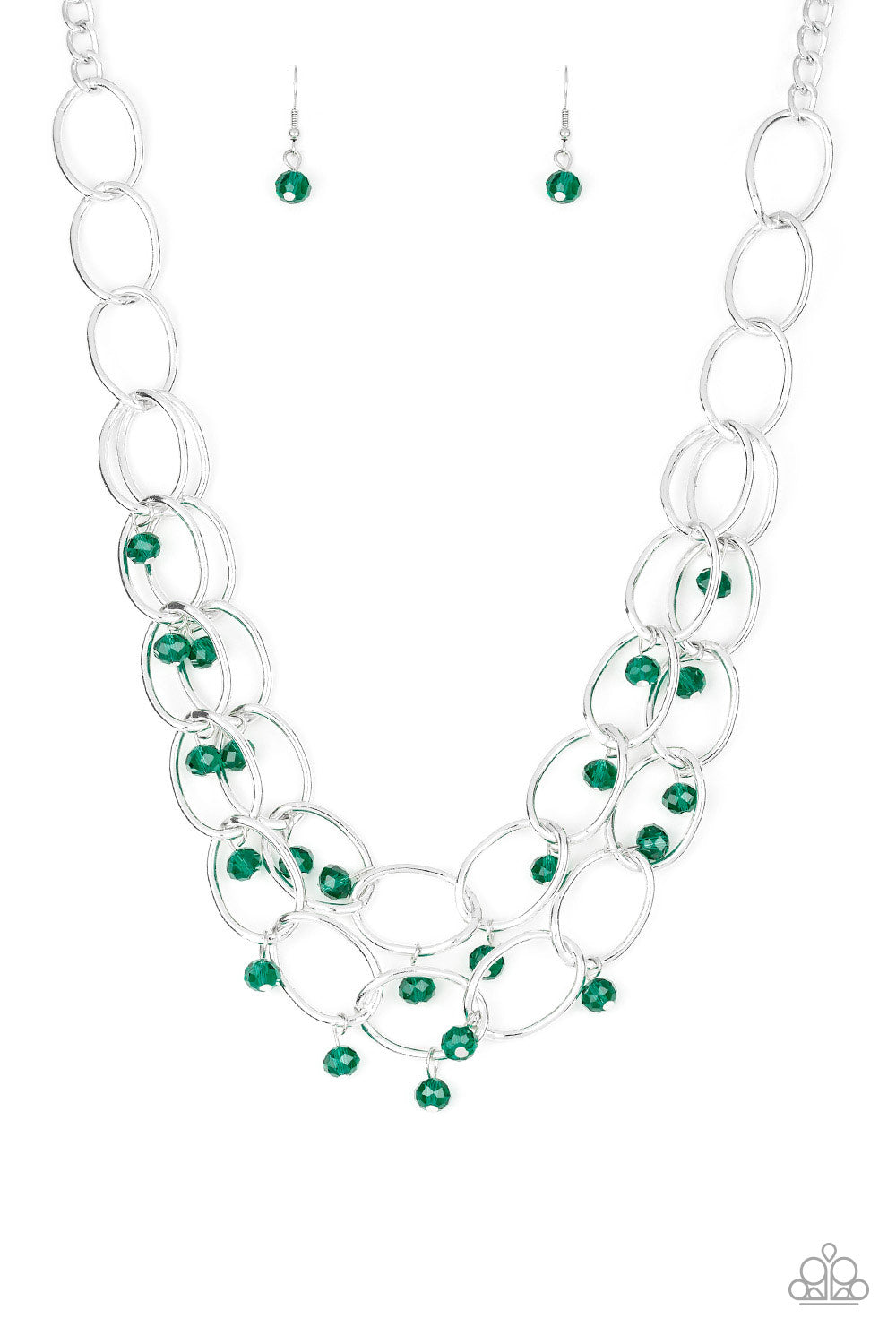 &lt;P&gt;Green crystal-like beads swing from two layers of oversized silver links below the collar for a refined look. Features an adjustable clasp closure.&lt;/p&gt;

&lt;P&gt;&lt;i&gt; Sold as one individual necklace.  Includes one pair of matching earrings.
&lt;/i&gt;&lt;/p&gt;

&lt;imgsrc=\&quot;https://d9b54x484lq62.cloudfront.net/paparazzi/shopping/images/517_tag150x115_1.png\&quot; alt=\&quot;New Kit\&quot; align=\&quot;middle\&quot; height=\&quot;50\&quot; width=\&quot;50\&quot;/&gt;