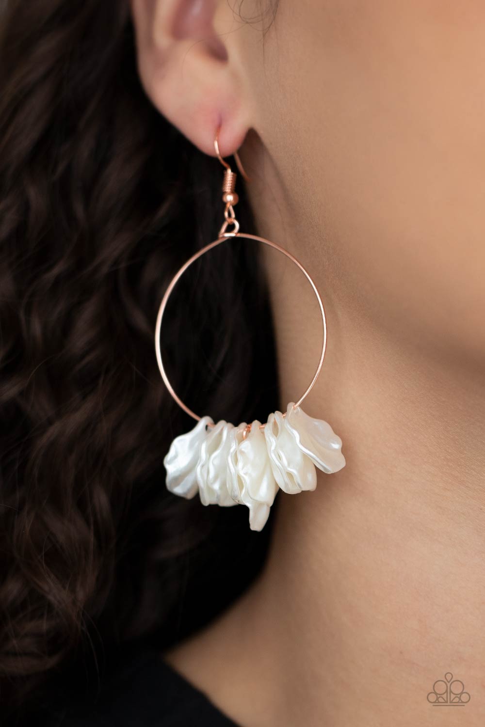&lt;p&gt;Pearly shell-like beads are threaded along a dainty shiny copper wire, creating a flirtatious beach inspired fringe. Earring attaches to a standard fishhook fitting.&lt;/p&gt;
&lt;p&gt;&lt;i&gt; Sold as one pair of earrings. &lt;/i&gt;&lt;/p&gt;