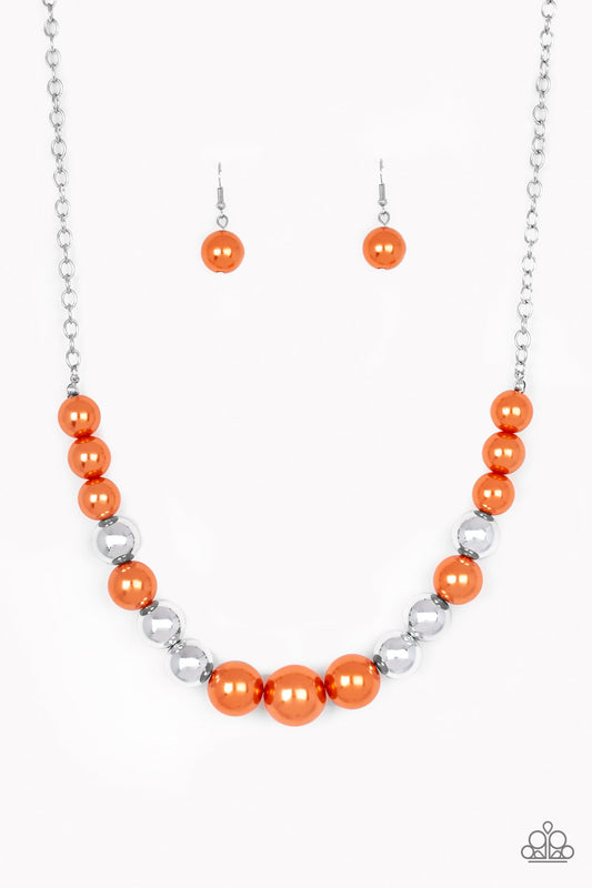 &lt;P&gt;A collection of oversized silver and pearly orange beads drape across the chest for a refined look. Features an adjustable clasp closure.
&lt;/p&gt;

&lt;P&gt;&lt;i&gt; Sold as one individual necklace.  Includes one pair of matching earrings.
&lt;/i&gt;&lt;/p&gt;

&lt;img src=\&quot;https://d9b54x484lq62.cloudfront.net/paparazzi/shopping/images/517_tag150x115_1.png\&quot; alt=\&quot;New Kit\&quot; align=\&quot;middle\&quot; height=\&quot;50\&quot; width=\&quot;50\&quot;/&gt;