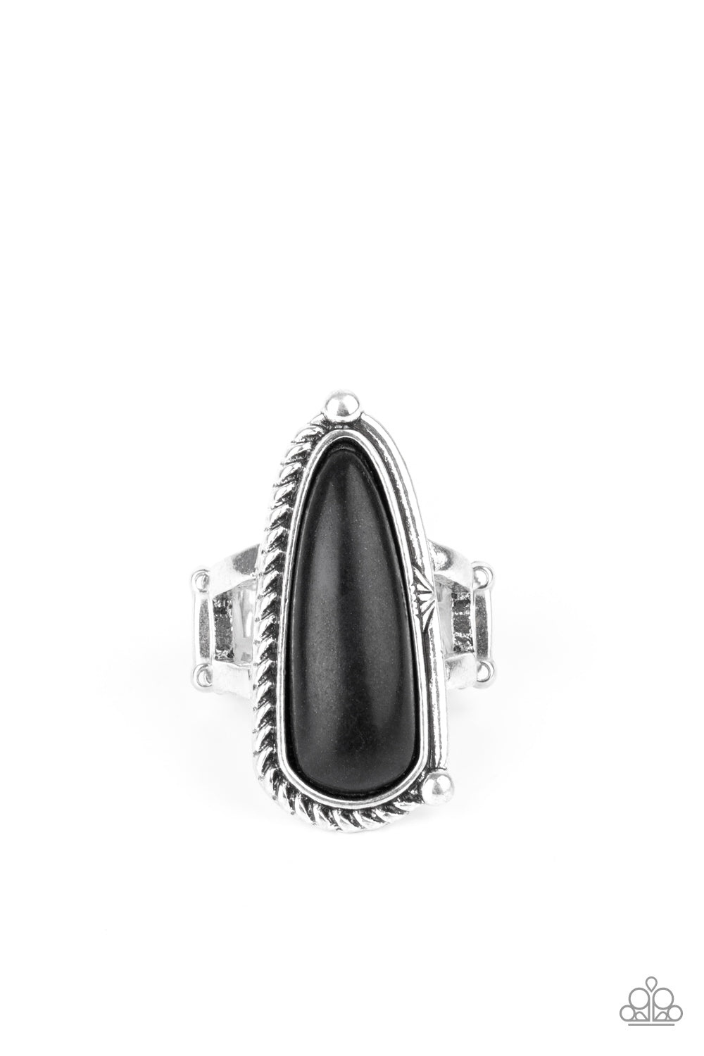 &lt;P&gt;Chiseled into an oblong teardrop shape, an earthy black stone is pressed into an asymmetrically patterned silver frame for an artisan inspired look. Features a stretchy band for a flexible fit.
&lt;/P&gt;  

&lt;P&gt; &lt;I&gt; Sold as one individual ring.  &lt;/I&gt;  &lt;/P&gt;

&lt;img src=\&quot;https://d9b54x484lq62.cloudfront.net/paparazzi/shopping/images/517_tag150x115_1.png\&quot; alt=\&quot;New Kit\&quot; align=\&quot;middle\&quot; height=\&quot;50\&quot; width=\&quot;50\&quot;/&gt;