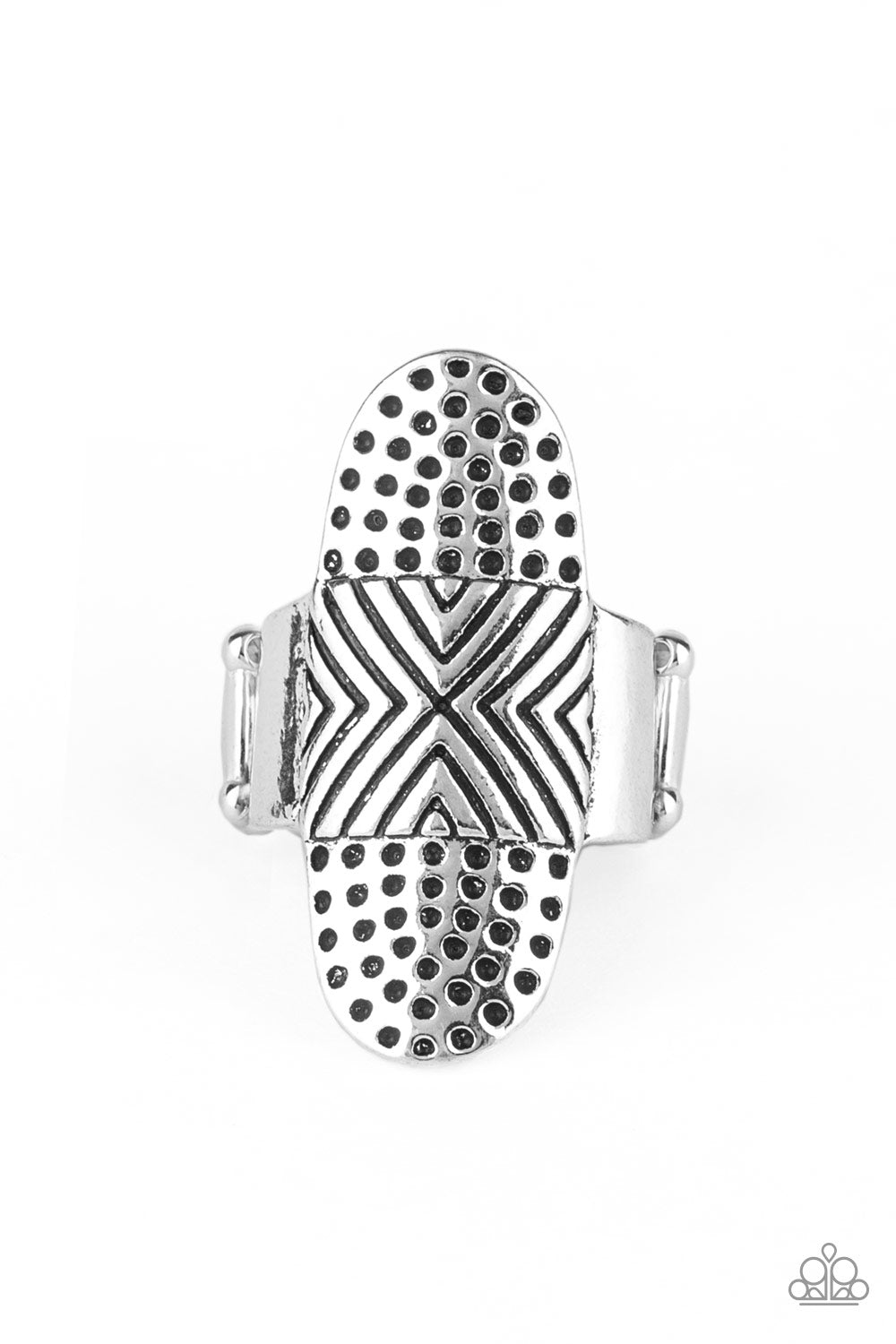 &lt;P&gt;Engraved in antiqued geometric patterns, a thick silver band overlaps a hammered oval frame, coalescing into a rustic centerpiece atop the finger. Features a stretchy band for a flexible fit.
  &lt;/P&gt;  

&lt;P&gt; &lt;I&gt;  Sold as one individual ring.
&lt;/I&gt;&lt;/P&gt;

&lt;img src=\&quot;https://d9b54x484lq62.cloudfront.net/paparazzi/shopping/images/517_tag150x115_1.png\&quot; alt=\&quot;New Kit\&quot; align=\&quot;middle\&quot; height=\&quot;50\&quot; width=\&quot;50\&quot;/&gt;