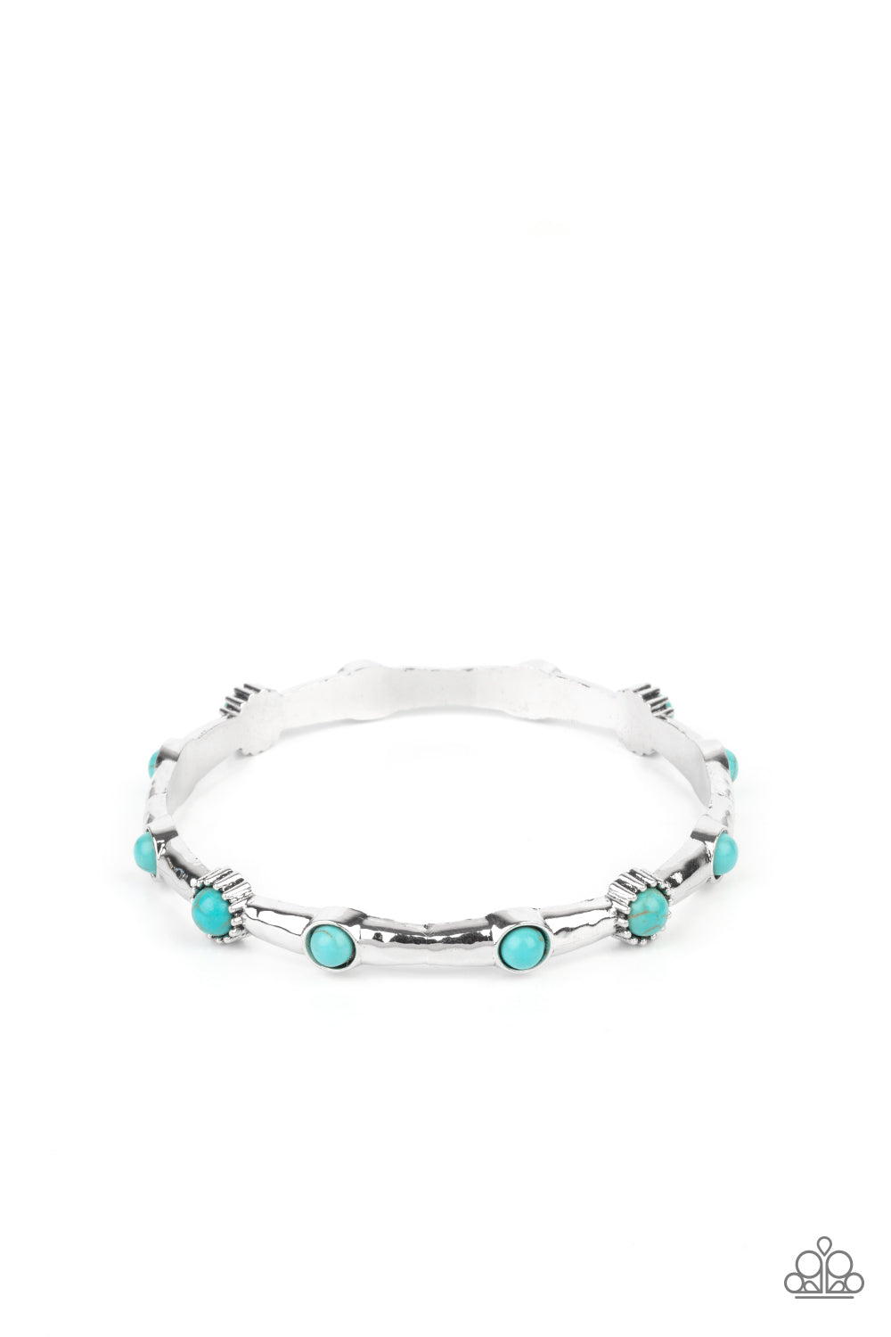 &amp;lt;P&amp;gt; Dotted with dainty turquoise stones, a hammered silver bangle glides along the wrist for a colorfully earthy look.&amp;lt;/P&amp;gt;  

&amp;lt;P&amp;gt; &amp;lt;I&amp;gt;Sold as one individual bracelet.&amp;lt;/I&amp;gt;  &amp;lt;/P&amp;gt;


&amp;lt;img src=\&quot;https://d9b54x484lq62.cloudfront.net/paparazzi/shopping/images/517_tag150x115_1.png\&quot; alt=\&quot;New Kit\&quot; align=\&quot;middle\&quot; height=\&quot;50\&quot; width=\&quot;50\&quot;/&amp;gt;