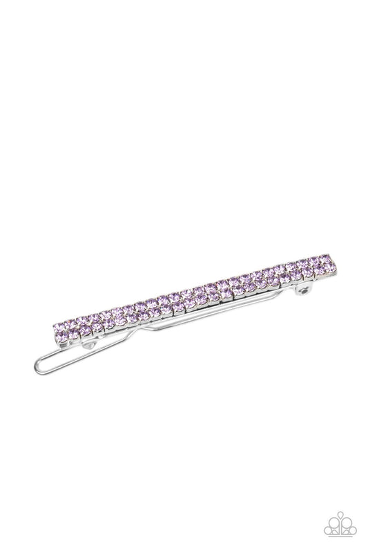 &lt;p&gt;Two rows of glittery purple rhinestones are encrusted across the front of a silver frame, creating a glamorous display. Features a clamp barrette closure.&lt;/p&gt;
&lt;p&gt;&lt;i&gt;Sold as one individual hair clip. &lt;/i&gt;&lt;/p&gt;
