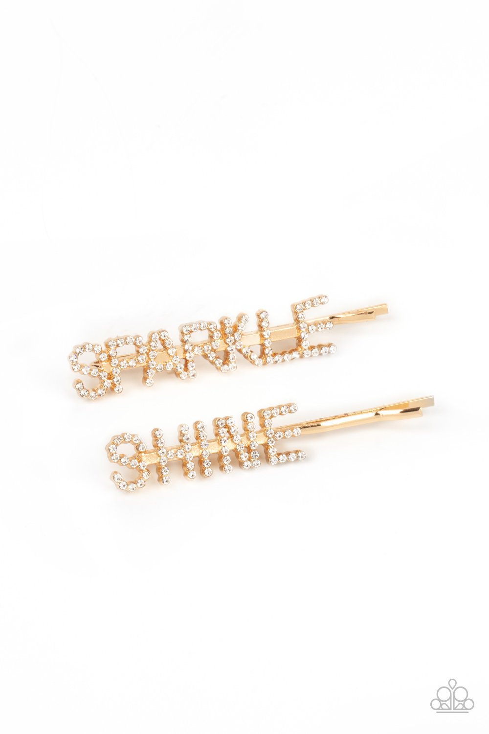 &lt;p&gt;Glassy white rhinestones spell out \&quot;Sparkle,\&quot; and \&quot;Shine,\&quot; across the fronts of two gold bobby pins, creating a sparkly duo.&lt;/p&gt;
&lt;p&gt;&lt;i&gt;Sold as one pair of decorative bobby pins.&lt;/i&gt;&lt;/p&gt;