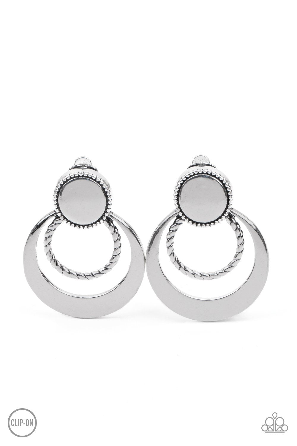 &lt;p&gt;A twisted silver ring and crescent shaped silver frame ripple out from the bottom of a textured silver disc, creating a refined lure. Earring attaches to a standard clip-on fitting. &lt;/p&gt;

&lt;p&gt;&lt;br&gt;&lt;/p&gt;

