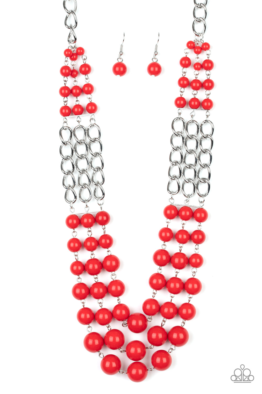 &lt;P&gt;Sections of thick silver chains and bubbly red beaded rows layer below the collar, creating statement-making layers. Features an adjustable clasp closure.
&lt;/p&gt;

&lt;P&gt;&lt;i&gt; Sold as one individual necklace.  Includes one pair of matching earrings.
&lt;/i&gt;&lt;/p&gt;

&lt;img src=\&quot;https://d9b54x484lq62.cloudfront.net/paparazzi/shopping/images/517_tag150x115_1.png\&quot; alt=\&quot;New Kit\&quot; align=\&quot;middle\&quot; height=\&quot;50\&quot; width=\&quot;50\&quot;/&gt;