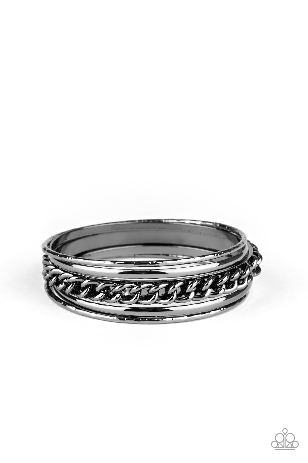 &lt;P&gt;Pairs of smooth and textured gunmetal bangles join an antiqued bangle around the wrist that is decorated in a single strand of gunmetal chain for a gritty finish.
  &lt;/P&gt;

&lt;P&gt;&lt;I&gt; Sold as one set of five bracelets.  &lt;/I&gt;&lt;/p&gt;


&lt;img src=\&quot;https://d9b54x484lq62.cloudfront.net/paparazzi/shopping/images/517_tag150x115_1.png\&quot; alt=\&quot;New Kit\&quot; align=\&quot;middle\&quot; height=\&quot;50\&quot; width=\&quot;50\&quot;/&gt;