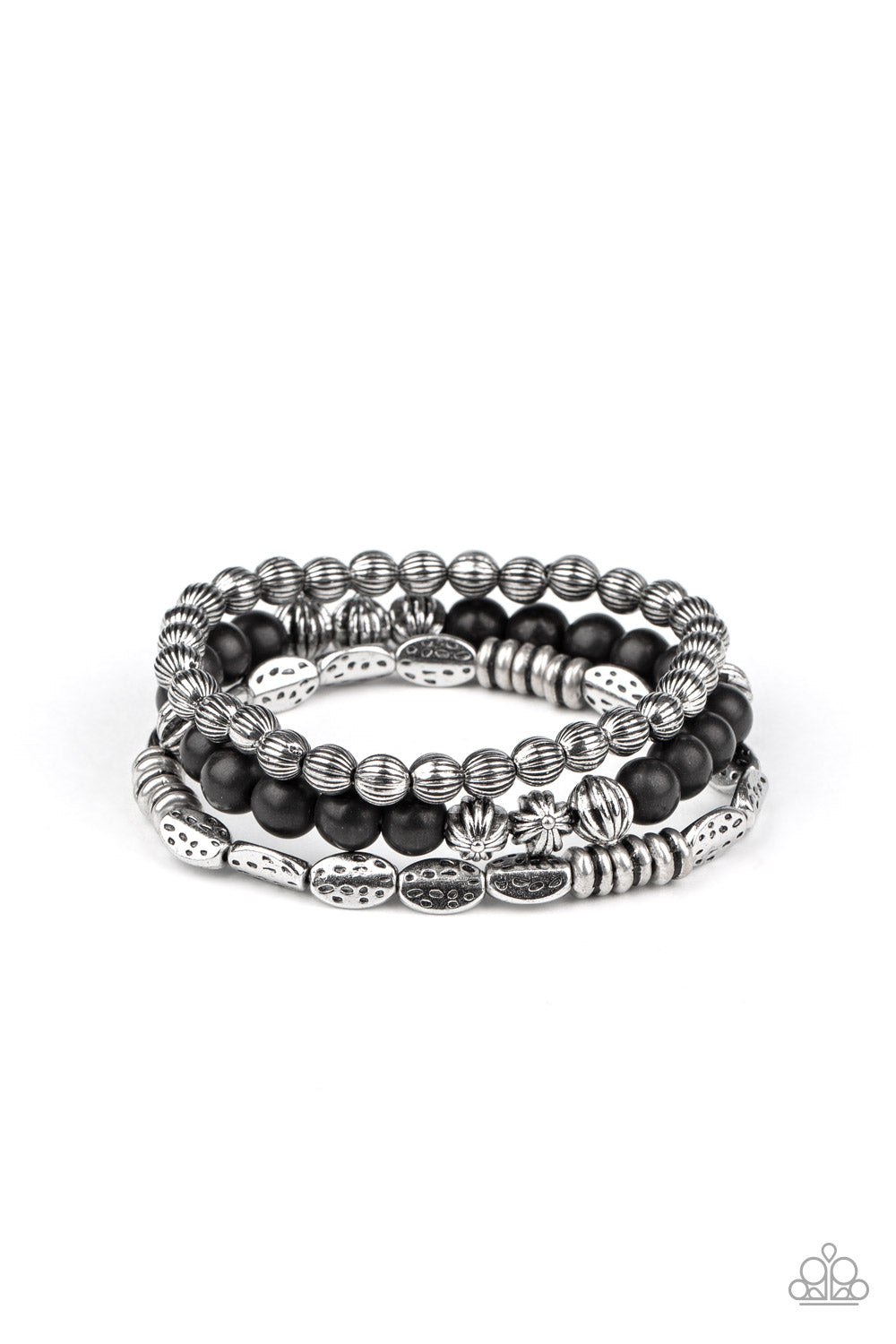 &lt;P&gt;An earthy collision of black stones, ornate silver beads and hammered silver accents are threaded along stretchy bands around the wrist, creating colorful layers.
  &lt;/P&gt;

&lt;P&gt;&lt;I&gt; Sold as one set of three bracelets.&lt;/I&gt;&lt;/p&gt;


&lt;img src=\&quot;https://d9b54x484lq62.cloudfront.net/paparazzi/shopping/images/517_tag150x115_1.png\&quot; alt=\&quot;New Kit\&quot; align=\&quot;middle\&quot; height=\&quot;50\&quot; width=\&quot;50\&quot;/&gt;