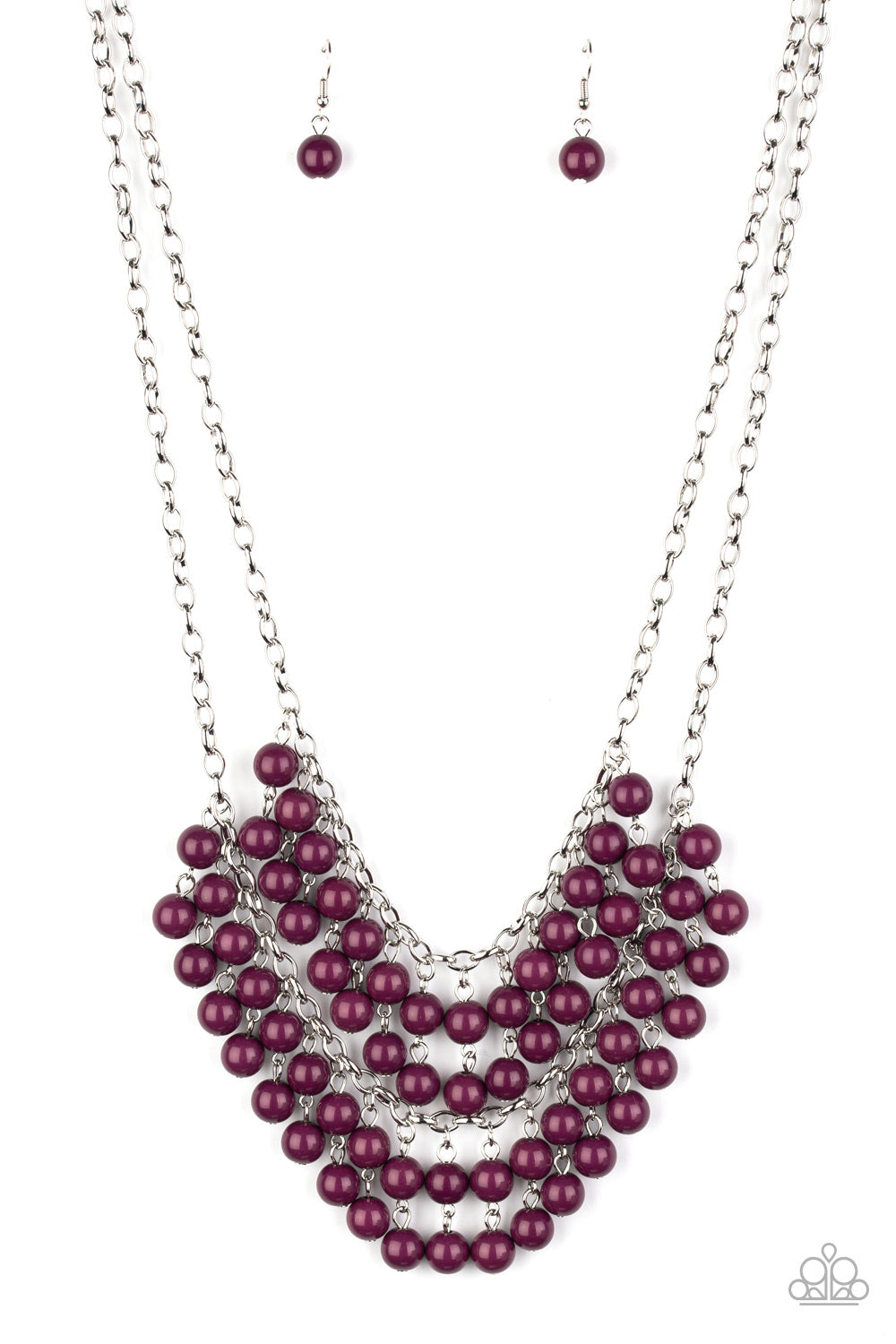 &lt;P&gt;Pairs of plum beads cascade from the bottoms of two silver chains, creating a vivaciously layered fringe below the collar. Features an adjustable clasp closure.
&lt;/p&gt;

&lt;P&gt;&lt;i&gt; Sold as one individual necklace.  Includes one pair of matching earrings.
&lt;/i&gt;&lt;/p&gt;

&lt;img src=\&quot;https://d9b54x484lq62.cloudfront.net/paparazzi/shopping/images/517_tag150x115_1.png\&quot; alt=\&quot;New Kit\&quot; align=\&quot;middle\&quot; height=\&quot;50\&quot; width=\&quot;50\&quot;/&gt;