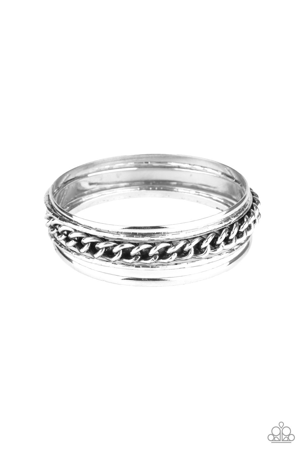 &lt;P&gt;Pairs of smooth and textured silver bangles join an antiqued bangle around the wrist that is decorated in a single strand of silver chain for a gritty finish.  &lt;/P&gt;

&lt;P&gt;&lt;I&gt; Sold as one set of five bracelets.&lt;/I&gt;&lt;/p&gt;


&lt;img src=\&quot;https://d9b54x484lq62.cloudfront.net/paparazzi/shopping/images/517_tag150x115_1.png\&quot; alt=\&quot;New Kit\&quot; align=\&quot;middle\&quot; height=\&quot;50\&quot; width=\&quot;50\&quot;/&gt;