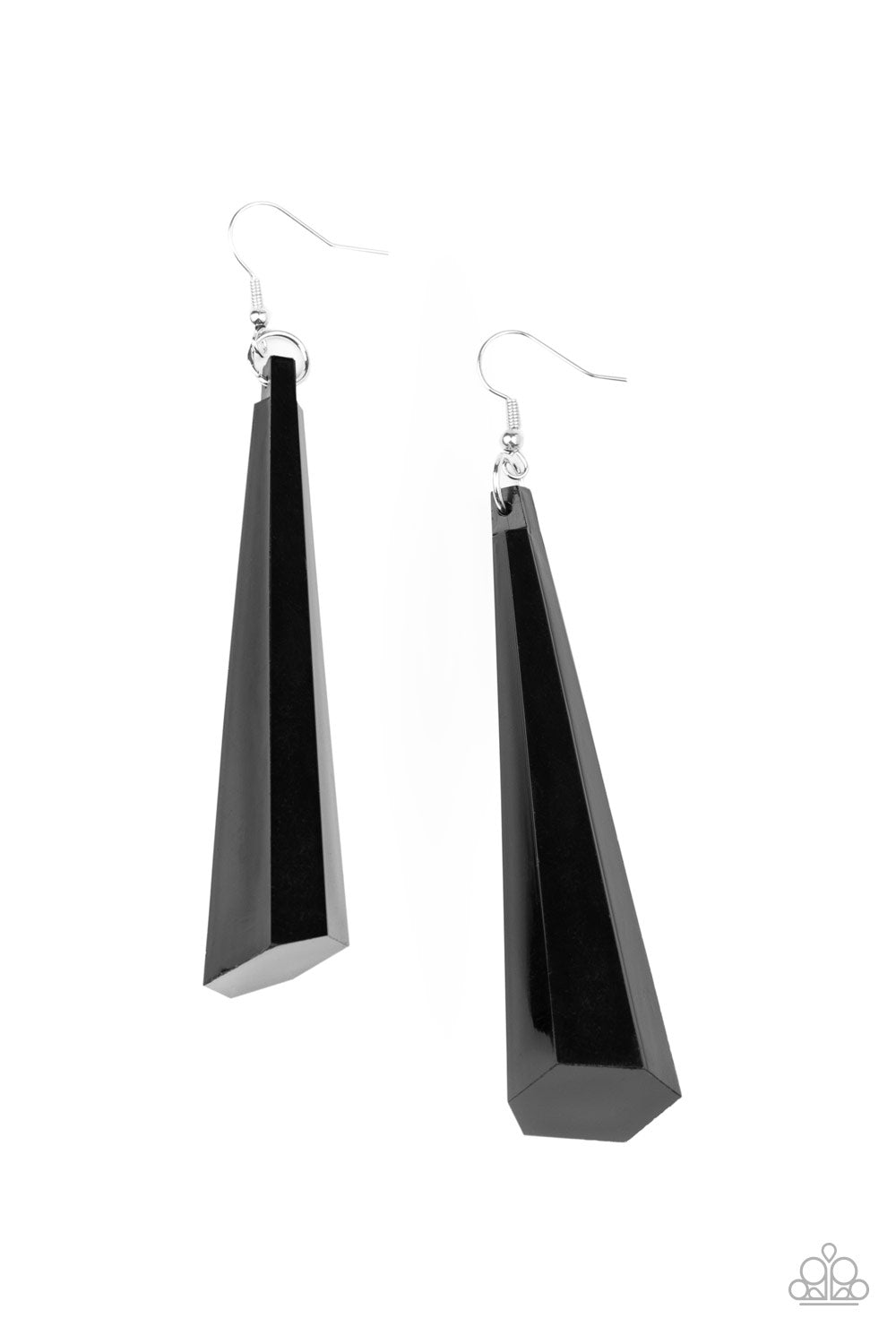 &lt;P&gt;Featuring an asymmetrical cone shape, a faceted elongated black crystal-like frame swings from the ear for a jaw-dropping look. Earring attaches to a standard fishhook fitting.&lt;/P&gt;  

&lt;P&gt; &lt;I&gt;  Sold as one pair of earrings. &lt;/I&gt;  &lt;/P&gt;


&lt;img src=\&quot;https://d9b54x484lq62.cloudfront.net/paparazzi/shopping/images/517_tag150x115_1.png\&quot; alt=\&quot;New Kit\&quot; align=\&quot;middle\&quot; height=\&quot;50\&quot; width=\&quot;50\&quot;/&gt;