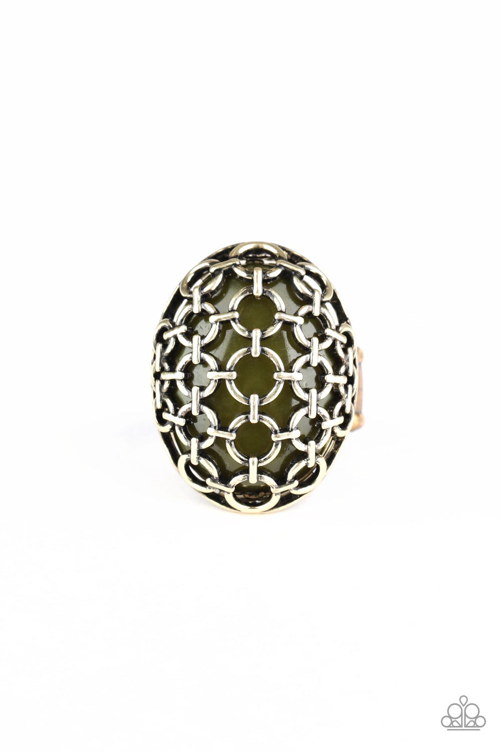 &lt;P&gt; Antiqued brass links connect into a wire-like mesh across the front of an oval green cat\&#039;s eye stone, creating a bold statement piece atop the finger. Features a stretchy band for a flexible fit.&lt;/P&gt;  

&lt;P&gt; &lt;I&gt;  Sold as one individual ring.
&lt;/I&gt;&lt;/P&gt;

&lt;img src=\&quot;https://d9b54x484lq62.cloudfront.net/paparazzi/shopping/images/517_tag150x115_1.png\&quot; alt=\&quot;New Kit\&quot; align=\&quot;middle\&quot; height=\&quot;50\&quot; width=\&quot;50\&quot;/&gt;