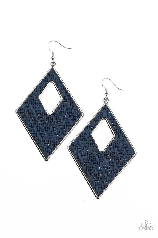&lt;P&gt;Featuring a wicker-like pattern, blue thread weaves across the front of a silver diamond-shape frame for a trendsetting look. Earring attaches to a standard fishhook fitting.&lt;/P&gt;  

&lt;P&gt; &lt;I&gt;  Sold as one pair of earrings. &lt;/I&gt;  &lt;/P&gt;


&lt;img src=\&quot;https://d9b54x484lq62.cloudfront.net/paparazzi/shopping/images/517_tag150x115_1.png\&quot; alt=\&quot;New Kit\&quot; align=\&quot;middle\&quot; height=\&quot;50\&quot; width=\&quot;50\&quot;/&gt;