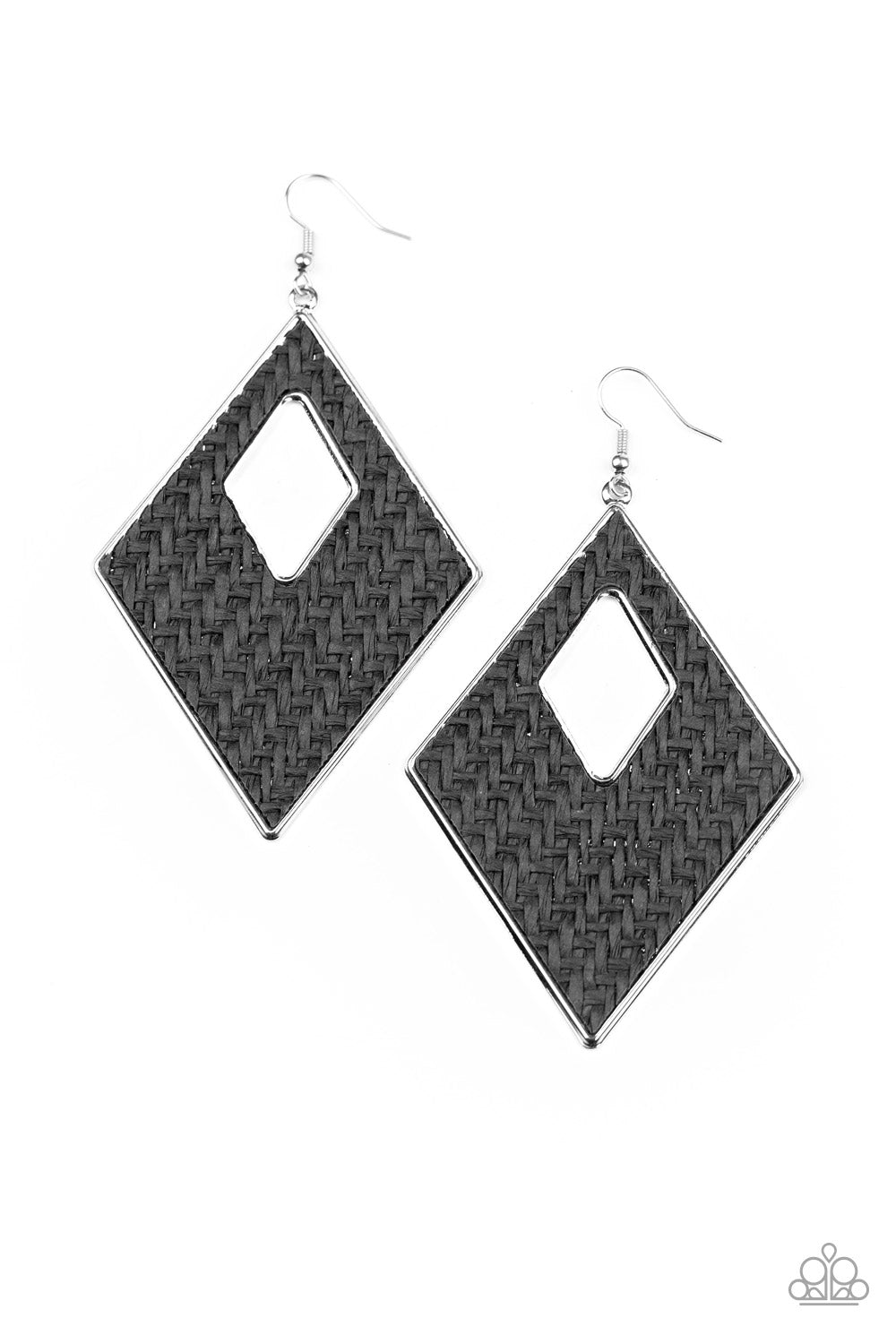 &lt;P&gt;Featuring a wicker-like pattern, black thread weaves across the front of a silver diamond-shape frame for a trendsetting look. Earring attaches to a standard fishhook fitting.
&lt;/P&gt;  

&lt;P&gt; &lt;I&gt;  Sold as one pair of earrings. &lt;/I&gt;  &lt;/P&gt;


&lt;img src=\&quot;https://d9b54x484lq62.cloudfront.net/paparazzi/shopping/images/517_tag150x115_1.png\&quot; alt=\&quot;New Kit\&quot; align=\&quot;middle\&quot; height=\&quot;50\&quot; width=\&quot;50\&quot;/&gt;