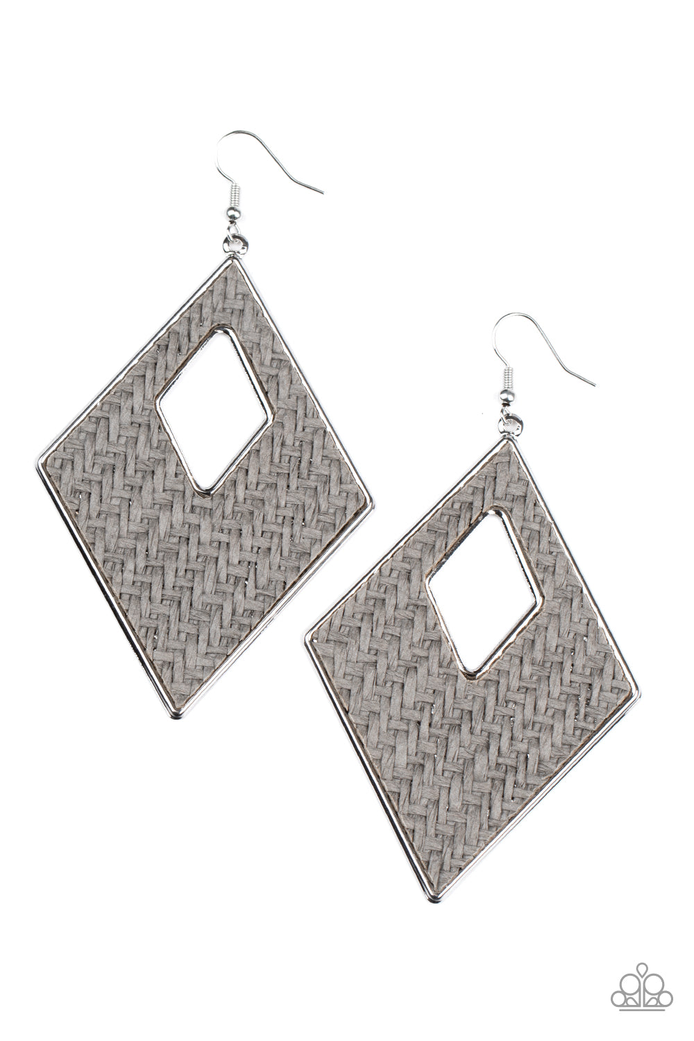 &lt;P&gt;Featuring a wicker-like pattern, gray thread weaves across the front of a silver diamond-shape frame for a trendsetting look. Earring attaches to a standard fishhook fitting.&lt;/P&gt;  

&lt;P&gt; &lt;I&gt;  Sold as one pair of earrings. &lt;/I&gt;  &lt;/P&gt;


&lt;img src=\&quot;https://d9b54x484lq62.cloudfront.net/paparazzi/shopping/images/517_tag150x115_1.png\&quot; alt=\&quot;New Kit\&quot; align=\&quot;middle\&quot; height=\&quot;50\&quot; width=\&quot;50\&quot;/&gt;
