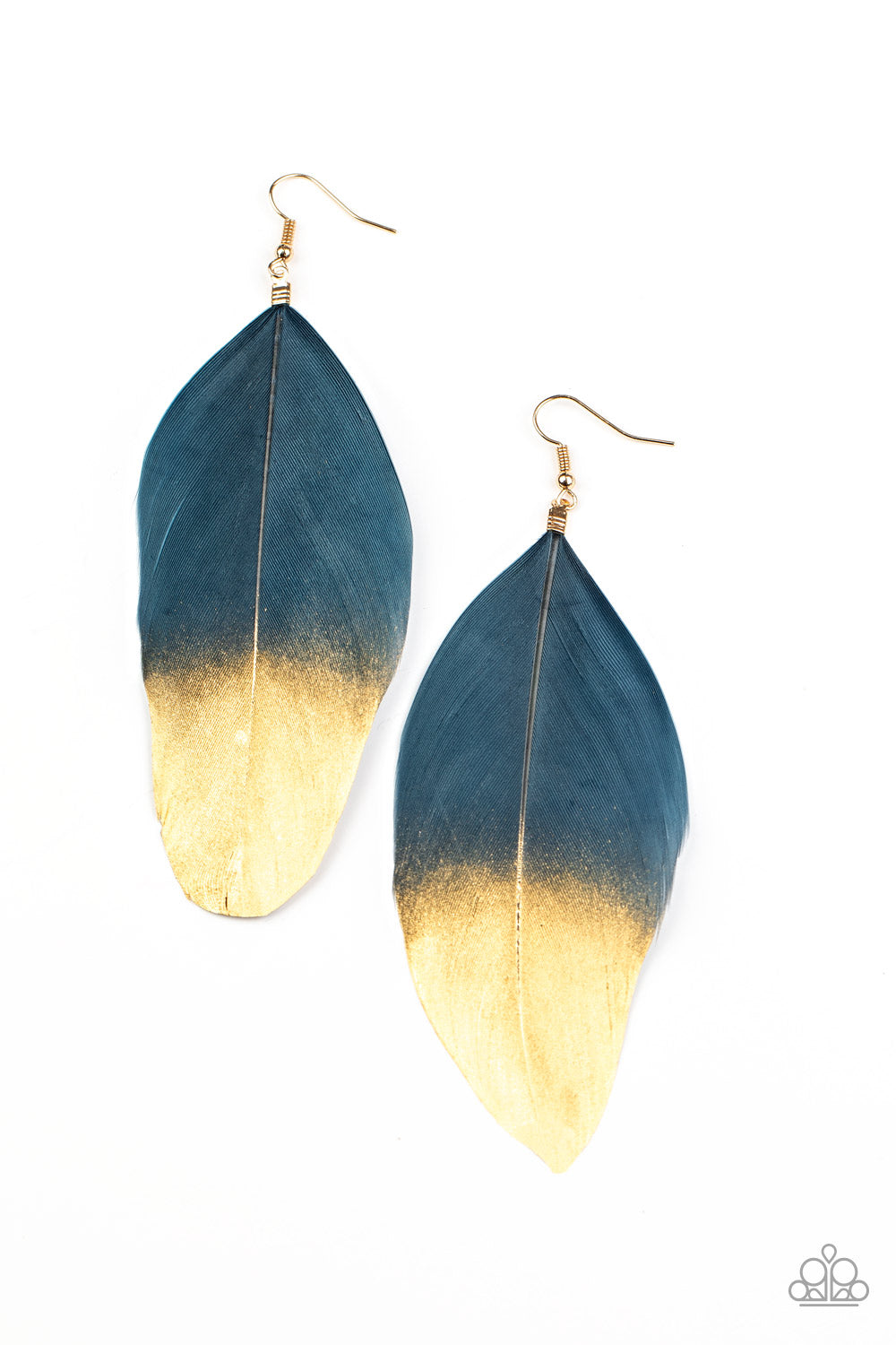 &lt;P&gt;Dipped in a golden shimmer, a soft blue feather fans from the ear in a statement-making fashion. Earring attaches to a standard fishhook fitting.&lt;/P&gt;  

&lt;P&gt; &lt;I&gt;  Sold as one pair of earrings. &lt;/I&gt;  &lt;/P&gt;


&lt;img src=\&quot;https://d9b54x484lq62.cloudfront.net/paparazzi/shopping/images/517_tag150x115_1.png\&quot; alt=\&quot;New Kit\&quot; align=\&quot;middle\&quot; height=\&quot;50\&quot; width=\&quot;50\&quot;/&gt;