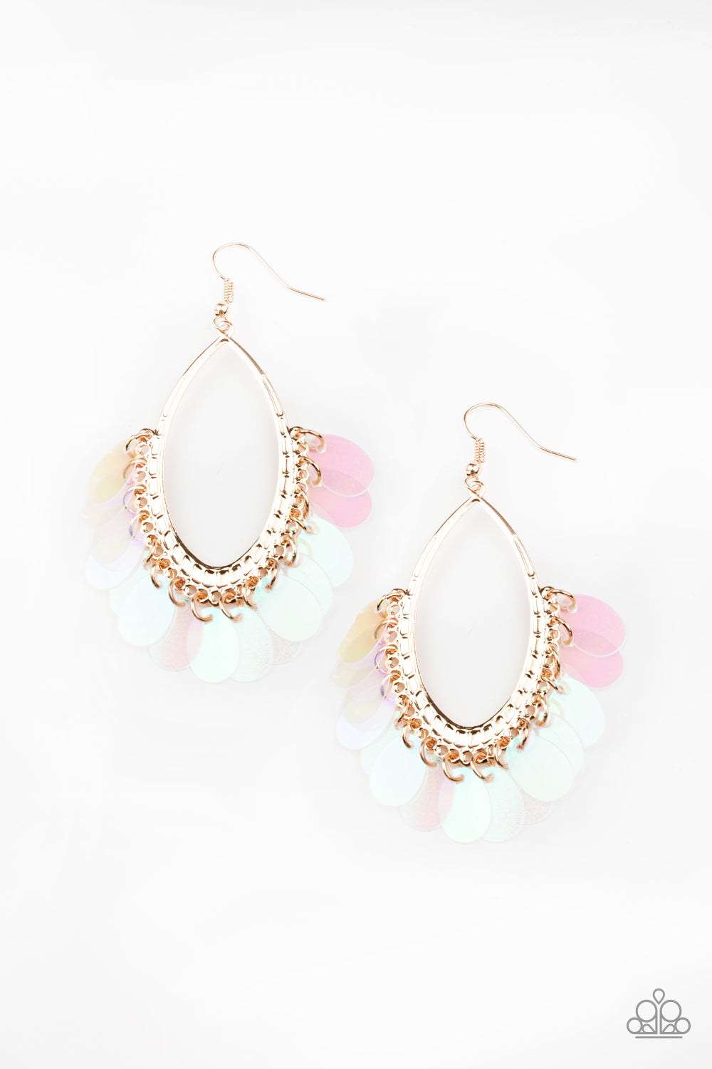 &lt;P&gt;Iridescent sequins dangle from the bottom of a textured gold oval, creating an effervescent fringe. Earring attaches to a standard fishhook fitting.&lt;/P&gt;  

&lt;P&gt; &lt;I&gt;  Sold as one pair of earrings. &lt;/I&gt;  &lt;/P&gt;


&lt;img src=\&quot;https://d9b54x484lq62.cloudfront.net/paparazzi/shopping/images/517_tag150x115_1.png\&quot; alt=\&quot;New Kit\&quot; align=\&quot;middle\&quot; height=\&quot;50\&quot; width=\&quot;50\&quot;/&gt;