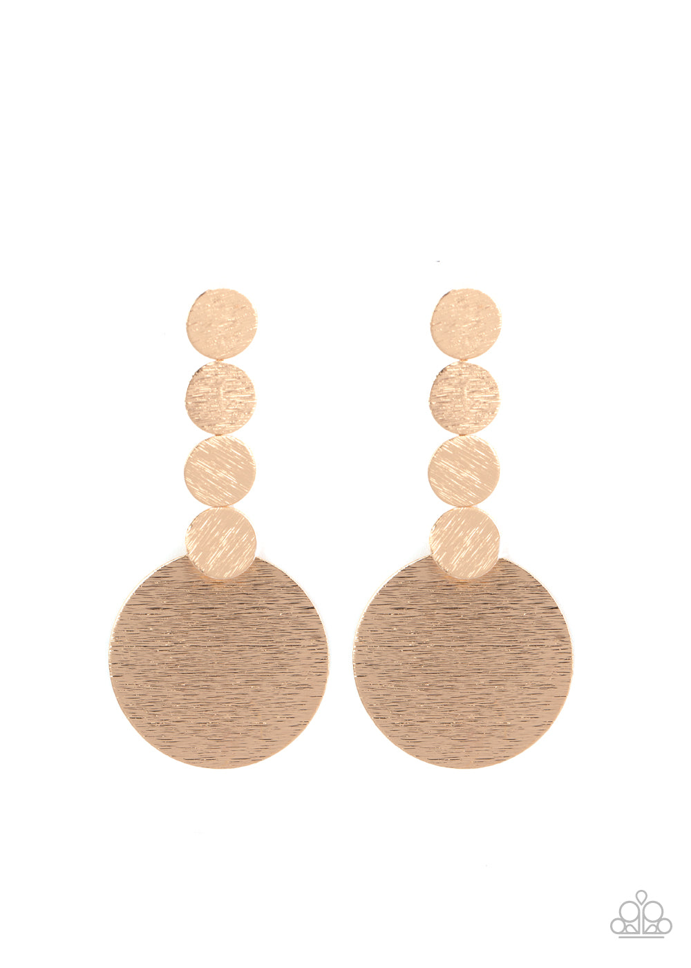 &lt;P&gt;
Featuring a delicately scratched surface, a row of dainty gold discs connects to a large gold disc, creating a bold display. Earring attaches to a standard post fitting.
  &lt;/P&gt;  

&lt;P&gt; &lt;I&gt; Sold as one pair of post earrings.  &lt;/I&gt;  &lt;/P&gt;


&lt;img src=\&quot;https://d9b54x484lq62.cloudfront.net/paparazzi/shopping/images/517_tag150x115_1.png\&quot; alt=\&quot;New Kit\&quot; align=\&quot;middle\&quot; height=\&quot;50\&quot; width=\&quot;50\&quot;/&gt;