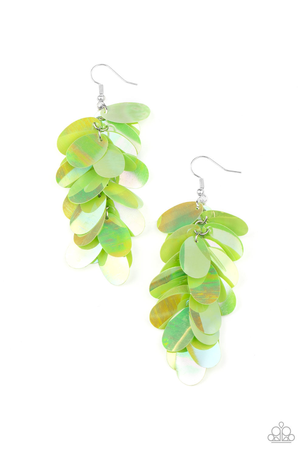 &lt;P&gt;Featuring an iridescent shimmer, oversized oval green sequins cascade from the ear, creating a playful fringe. Earring attaches to a standard fishhook fitting.&lt;/P&gt;  

&lt;P&gt; &lt;I&gt;  Sold as one pair of earrings. &lt;/I&gt;  &lt;/P&gt;


&lt;img src=\&quot;https://d9b54x484lq62.cloudfront.net/paparazzi/shopping/images/517_tag150x115_1.png\&quot; alt=\&quot;New Kit\&quot; align=\&quot;middle\&quot; height=\&quot;50\&quot; width=\&quot;50\&quot;/&gt;