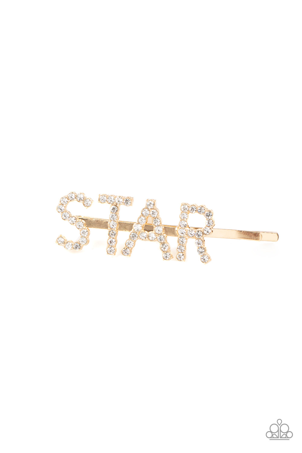&lt;P&gt;Encrusted in glittery white rhinestones, glistening gold letters spell out the word, \&quot;STAR,\&quot; across the front of a gold bobby pin for a stellar look.&lt;/P&gt;

&lt;P&gt;&lt;I&gt;Sold as one individual hair clip.&lt;/I&gt;&lt;/P&gt;


&lt;img src=\&quot;https://d9b54x484lq62.cloudfront.net/paparazzi/shopping/images/517_tag150x115_1.png\&quot; alt=\&quot;New Kit\&quot; align=\&quot;middle\&quot; height=\&quot;50\&quot; width=\&quot;50\&quot;/&gt;