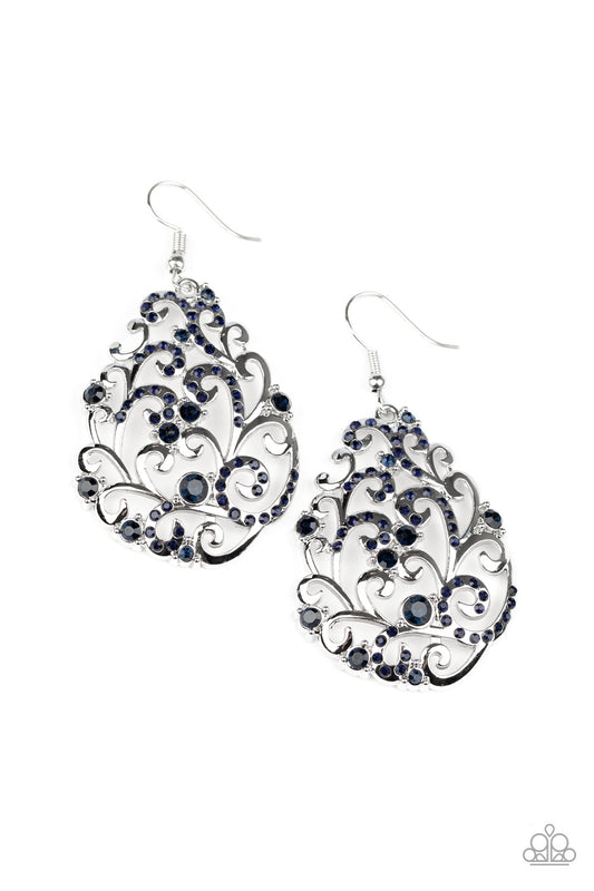 &lt;P&gt;Dotted in an array of glittery blue rhinestones, shiny silver filigree climbs the ear, coalescing into a vine-like teardrop frame. Earring attaches to a standard fishhook fitting.&lt;/P&gt;  

&lt;P&gt; &lt;I&gt;  Sold as one pair of earrings. &lt;/I&gt;  &lt;/P&gt;


&lt;img src=\&quot;https://d9b54x484lq62.cloudfront.net/paparazzi/shopping/images/517_tag150x115_1.png\&quot; alt=\&quot;New Kit\&quot; align=\&quot;middle\&quot; height=\&quot;50\&quot; width=\&quot;50\&quot;/&gt;