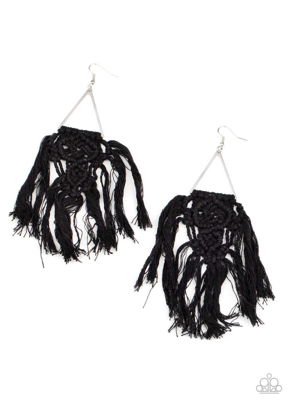 &lt;P&gt;Black threaded tassels ornately knot at the bottom of a shimmery silver triangular frame, creating a macramé inspired fringe. Earring attaches to a standard fishhook fitting.&lt;/P&gt;  

&lt;P&gt; &lt;I&gt;  Sold as one pair of earrings. &lt;/I&gt;  &lt;/P&gt;

&lt;img src=\&quot;https://d9b54x484lq62.cloudfront.net/paparazzi/shopping/images/517_tag150x115_1.png\&quot; alt=\&quot;New Kit\&quot; align=\&quot;middle\&quot; height=\&quot;50\&quot; width=\&quot;50\&quot;/&gt;