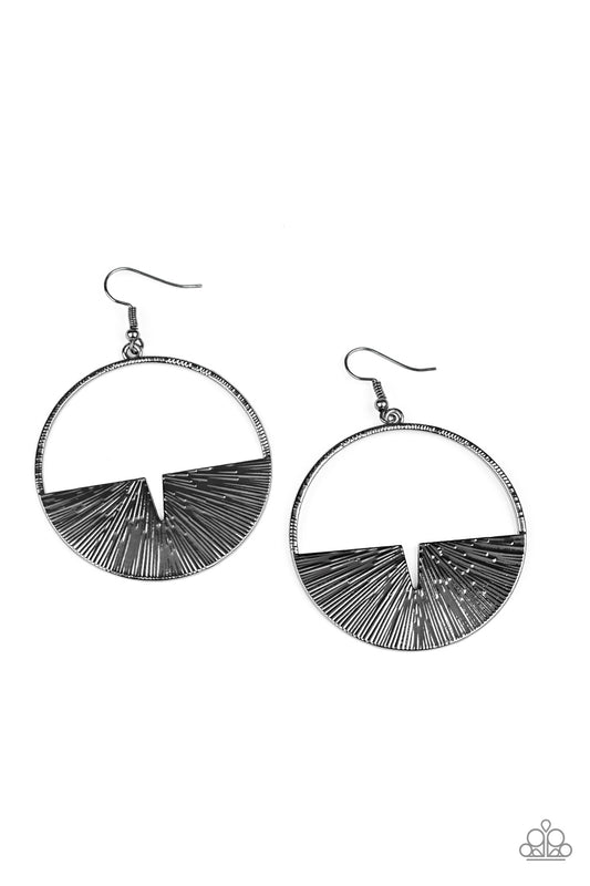 &lt;P&gt;Embossed in radiant linear textures, a crescent gunmetal frame is nestled along the bottom of a textured gunmetal hoop for an edgy look. Earring attaches to a standard fishhook fitting.
 &lt;/P&gt;  

&lt;P&gt; &lt;I&gt;  Sold as one pair of earrings. &lt;/I&gt;  &lt;/P&gt;

&lt;img src=\&quot;https://d9b54x484lq62.cloudfront.net/paparazzi/shopping/images/517_tag150x115_1.png\&quot; alt=\&quot;New Kit\&quot; align=\&quot;middle\&quot; height=\&quot;50\&quot; width=\&quot;50\&quot;/&gt;