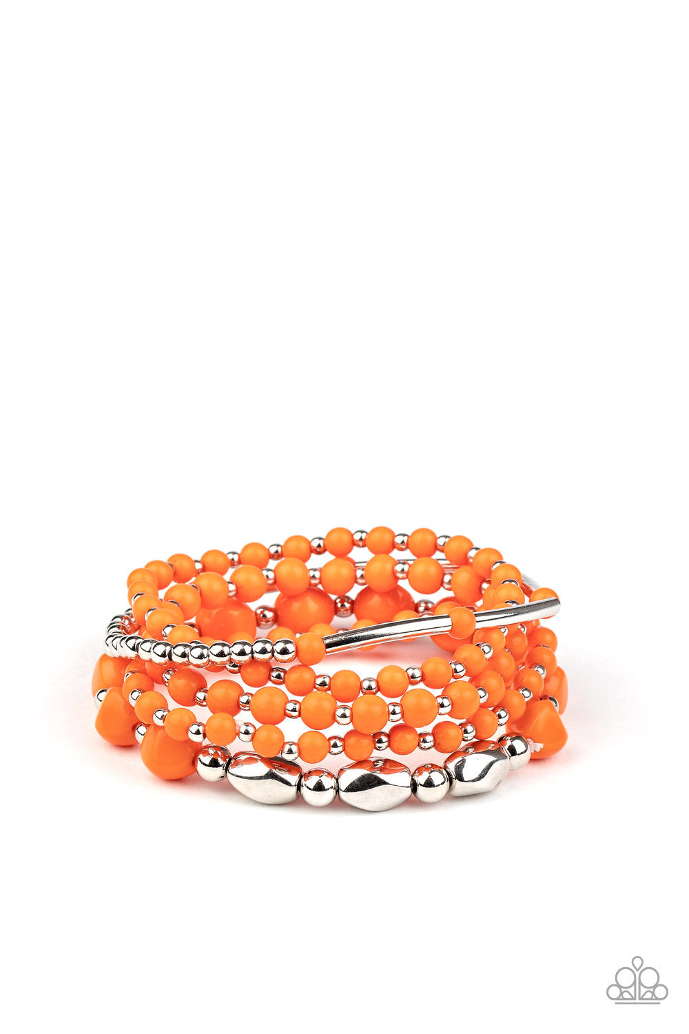 &lt;P&gt;Infused with dainty silver beads, a mismatched collection of refreshing orange and shiny silver beads are threaded along stretchy bands around the wrist for a colorfully layered look.&lt;/P&gt;

&lt;P&gt;&lt;I&gt; Sold as one set of five bracelets.&lt;/I&gt;&lt;/p&gt;

&lt;img src=\&quot;https://d9b54x484lq62.cloudfront.net/paparazzi/shopping/images/517_tag150x115_1.png\&quot; alt=\&quot;New Kit\&quot; align=\&quot;middle\&quot; height=\&quot;50\&quot; width=\&quot;50\&quot;/&gt;