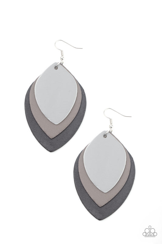 &lt;P&gt;Leafy Ultimate Gray, gray, and black leather frames delicately layer into a seasonal lure. Earring attaches to a standard fishhook fitting.
 &lt;/P&gt;  

&lt;P&gt; &lt;I&gt;  Sold as one pair of earrings. &lt;/I&gt;  &lt;/P&gt;

&lt;img src=\&quot;https://d9b54x484lq62.cloudfront.net/paparazzi/shopping/images/517_tag150x115_1.png\&quot; alt=\&quot;New Kit\&quot; align=\&quot;middle\&quot; height=\&quot;50\&quot; width=\&quot;50\&quot;/&gt;