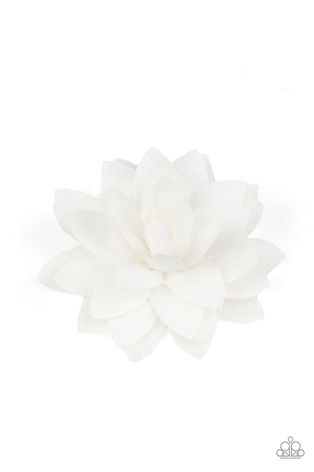 &lt;P&gt; Flecked in shimmer, silky white petals bloom into an elegant blossom. Features a standard hair clip on the back. &lt;/P&gt;

&lt;P&gt;&lt;I&gt;Sold as one individual hair clip.  &lt;/I&gt;&lt;/P&gt;


&lt;img src=\&quot;https://d9b54x484lq62.cloudfront.net/paparazzi/shopping/images/517_tag150x115_1.png\&quot; alt=\&quot;New Kit\&quot; align=\&quot;middle\&quot; height=\&quot;50\&quot; width=\&quot;50\&quot;/&gt;