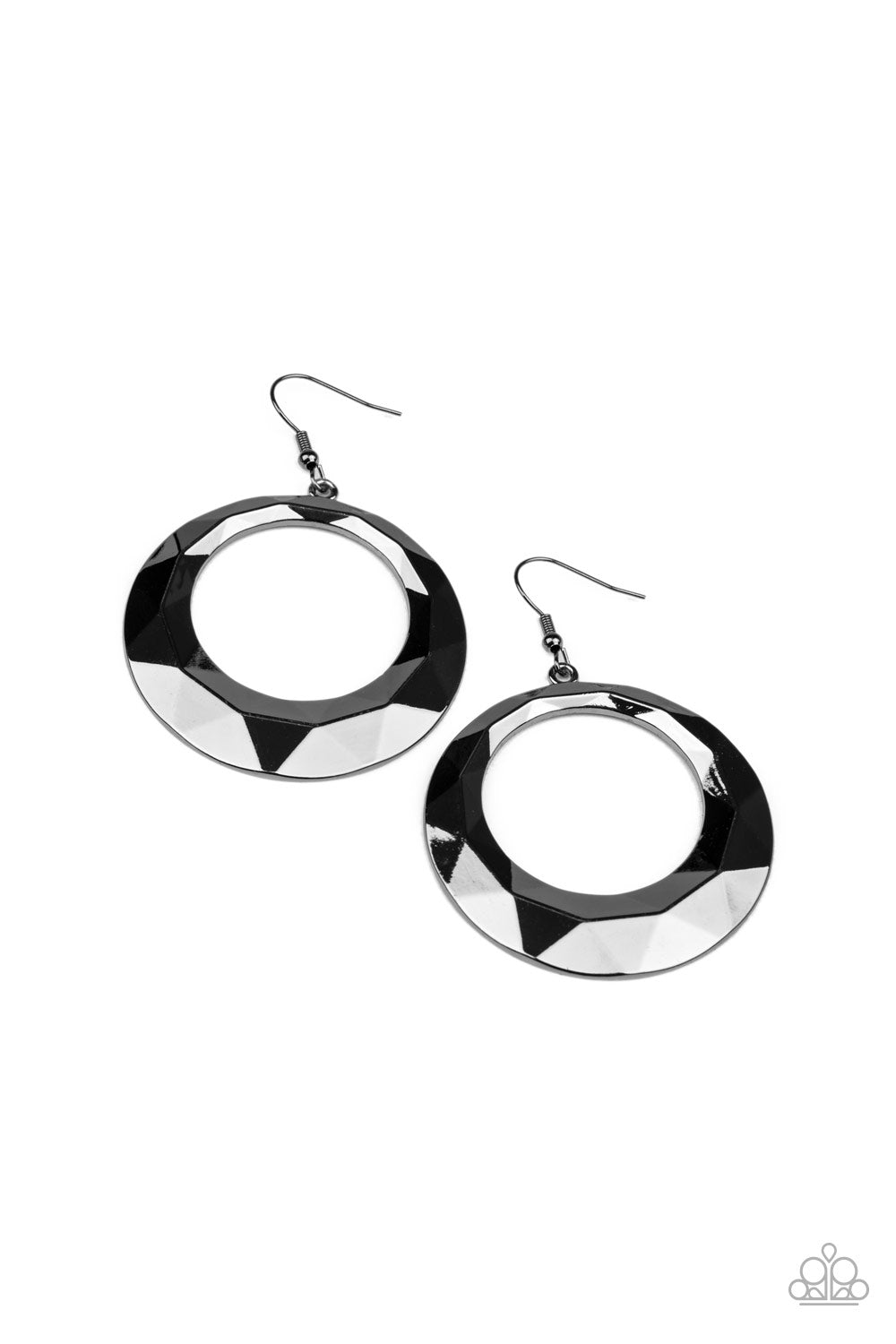&lt;P&gt;Faceted in light-reflecting textures, a beveled gunmetal hoop swings from the ear for an edgy shine. Earring attaches to a standard fishhook fitting.&lt;/P&gt;  

&lt;P&gt; &lt;I&gt;  Sold as one pair of earrings. &lt;/I&gt;  &lt;/P&gt;


&lt;img src=\&quot;https://d9b54x484lq62.cloudfront.net/paparazzi/shopping/images/517_tag150x115_1.png\&quot; alt=\&quot;New Kit\&quot; align=\&quot;middle\&quot; height=\&quot;50\&quot; width=\&quot;50\&quot;/&gt;
