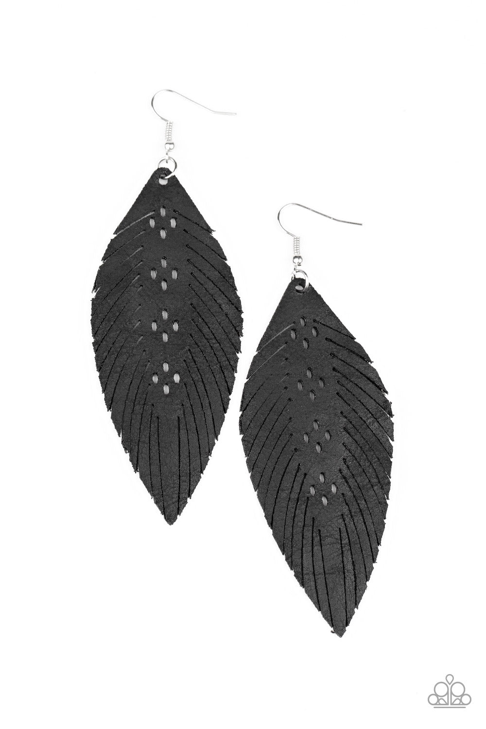 &lt;P&gt;Spliced and stenciled in whimsical detail, a distressed black leather frame is cut into a feathery frame for a free-spirited finish. Earring attaches to a standard fishhook fitting.&lt;/P&gt;  

&lt;P&gt; &lt;I&gt;  Sold as one pair of earrings. &lt;/I&gt;  &lt;/P&gt;


&lt;img src=\&quot;https://d9b54x484lq62.cloudfront.net/paparazzi/shopping/images/517_tag150x115_1.png\&quot; alt=\&quot;New Kit\&quot; align=\&quot;middle\&quot; height=\&quot;50\&quot; width=\&quot;50\&quot;/&gt;