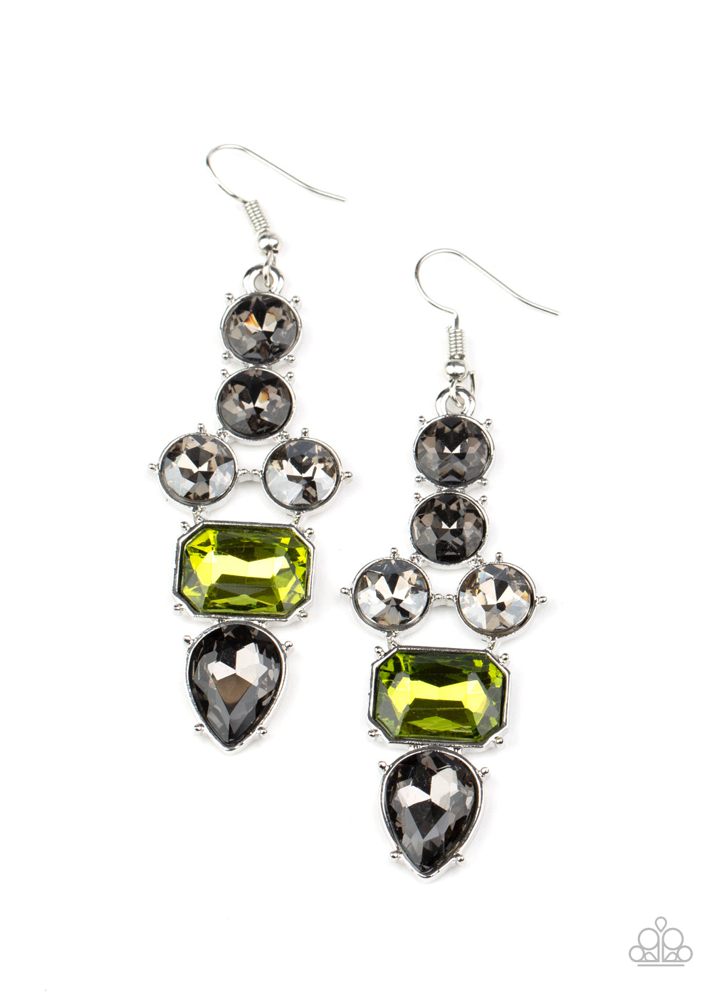 &lt;P&gt;Featuring emerald, round, and teardrop shapes, a sparkly series of smoky and green rhinestones coalesce into a dramatically regal lure. Earring attaches to a standard fishhook fitting.&lt;/P&gt;  

&lt;P&gt; &lt;I&gt;  Sold as one pair of earrings. &lt;/I&gt;  &lt;/P&gt;

&lt;img src=\&quot;https://d9b54x484lq62.cloudfront.net/paparazzi/shopping/images/517_tag150x115_1.png\&quot; alt=\&quot;New Kit\&quot; align=\&quot;middle\&quot; height=\&quot;50\&quot; width=\&quot;50\&quot;/&gt;