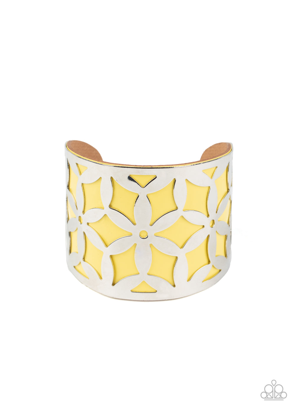 &lt;P&gt;A thick piece of yellow leather peeks out through a daisy stenciled silver cuff, creating a colorful centerpiece around the wrist.&lt;/P&gt;  

&lt;P&gt; &lt;I&gt;Sold as one individual bracelet.&lt;/I&gt;  &lt;/P&gt;


&lt;img src=\&quot;https://d9b54x484lq62.cloudfront.net/paparazzi/shopping/images/517_tag150x115_1.png\&quot; alt=\&quot;New Kit\&quot; align=\&quot;middle\&quot; height=\&quot;50\&quot; width=\&quot;50\&quot;/&gt;