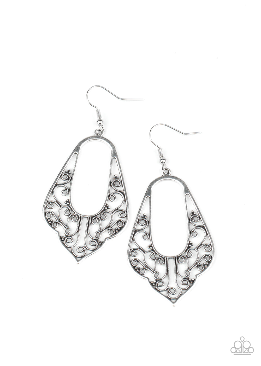&lt;P&gt;Silver vine-like filigree climbs the bottom of a scalloped silver frame, coalescing into a vintage inspired look. Earring attaches to a standard fishhook fitting.&lt;/P&gt;  

&lt;P&gt; &lt;I&gt;  Sold as one pair of earrings. &lt;/I&gt;  &lt;/P&gt;


&lt;img src=\&quot;https://d9b54x484lq62.cloudfront.net/paparazzi/shopping/images/517_tag150x115_1.png\&quot; alt=\&quot;New Kit\&quot; align=\&quot;middle\&quot; height=\&quot;50\&quot; width=\&quot;50\&quot;/&gt;