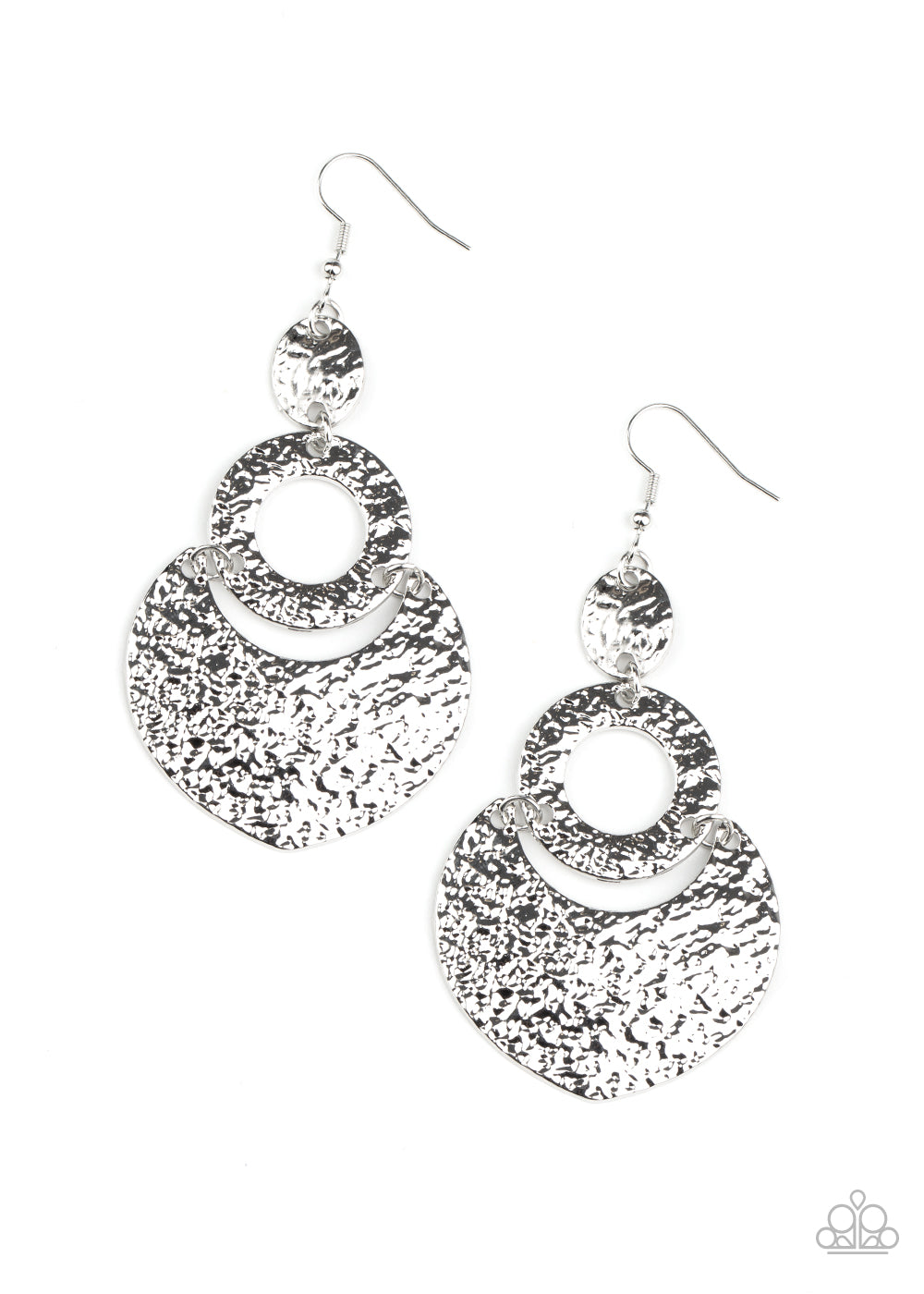 &lt;P&gt;Hammered and embossed in shimmery textures, oval, hoop, and crescent silver frames link into a blinding lure. Earring attaches to a standard fishhook fitting.&lt;/P&gt;  

&lt;P&gt; &lt;I&gt;  Sold as one pair of earrings. &lt;/I&gt;  &lt;/P&gt;

&lt;img src=\&quot;https://d9b54x484lq62.cloudfront.net/paparazzi/shopping/images/517_tag150x115_1.png\&quot; alt=\&quot;New Kit\&quot; align=\&quot;middle\&quot; height=\&quot;50\&quot; width=\&quot;50\&quot;/&gt;