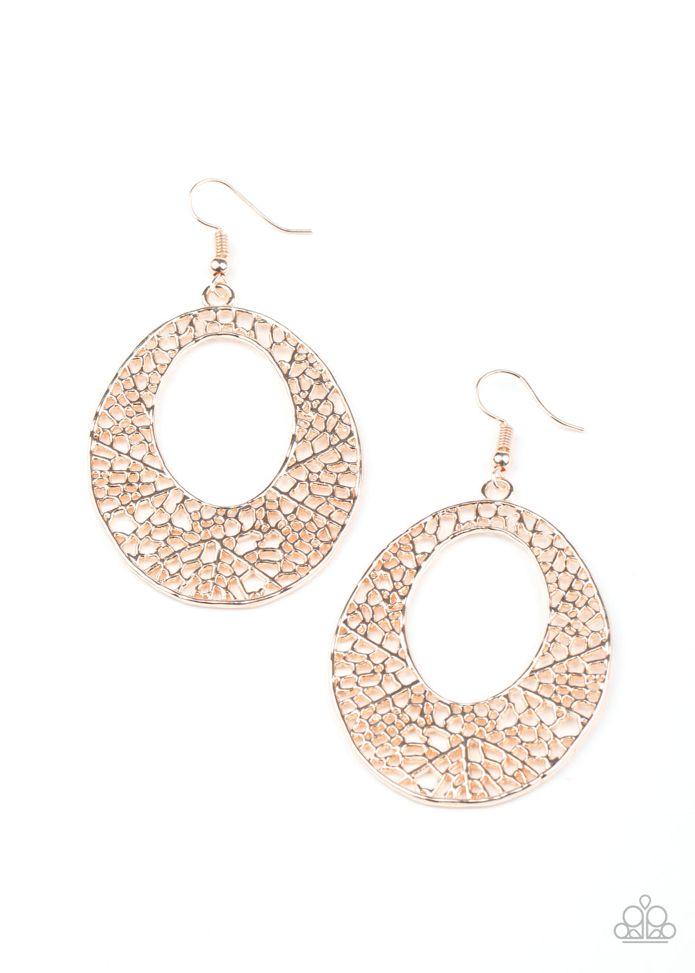 &lt;P&gt;Featuring a shattered metallic pattern, glistening rose gold filigree coalesces into an airy oval frame for a classic look. Earring attaches to a standard fishhook fitting.
&lt;/P&gt;  

&lt;P&gt; &lt;I&gt;  Sold as one pair of earrings. &lt;/I&gt;  &lt;/P&gt;


&lt;img src=\&quot;https://d9b54x484lq62.cloudfront.net/paparazzi/shopping/images/517_tag150x115_1.png\&quot; alt=\&quot;New Kit\&quot; align=\&quot;middle\&quot; height=\&quot;50\&quot; width=\&quot;50\&quot;/&gt;