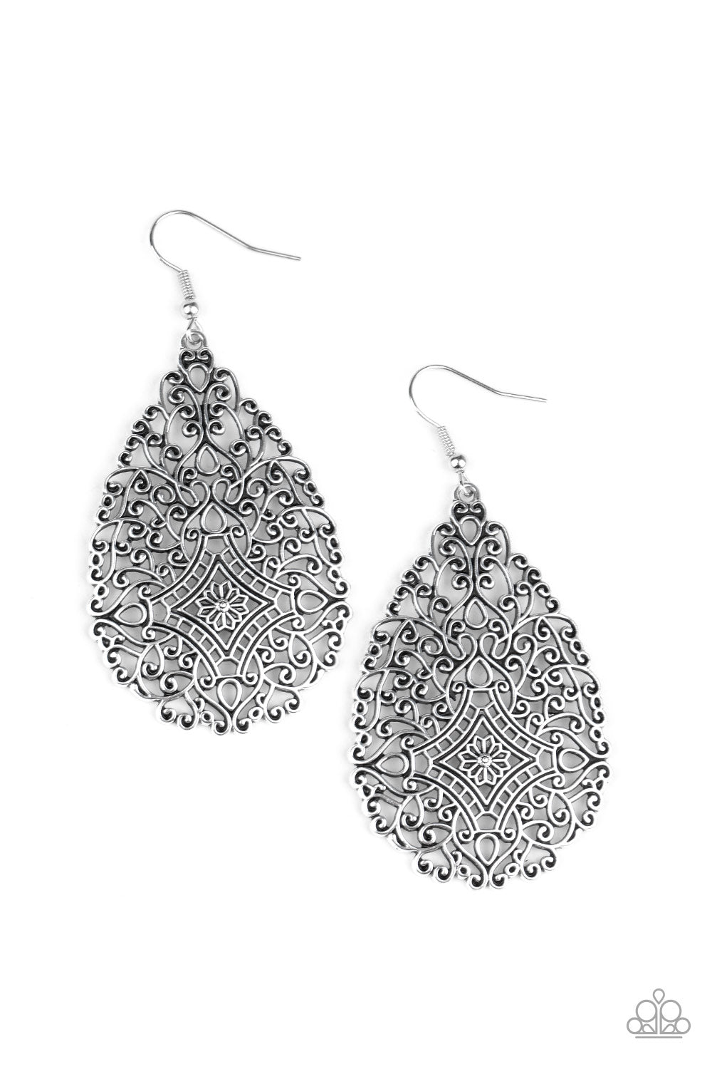&lt;P&gt;Brushed in an antiqued finish, burnished silver filigree climbs into a floral teardrop frame for a whimsically vintage look. Earring attaches to a standard fishhook fitting.&lt;/P&gt;  

&lt;P&gt; &lt;I&gt;  Sold as one pair of earrings. &lt;/I&gt;  &lt;/P&gt;


&lt;img src=\&quot;https://d9b54x484lq62.cloudfront.net/paparazzi/shopping/images/517_tag150x115_1.png\&quot; alt=\&quot;New Kit\&quot; align=\&quot;middle\&quot; height=\&quot;50\&quot; width=\&quot;50\&quot;/&gt;