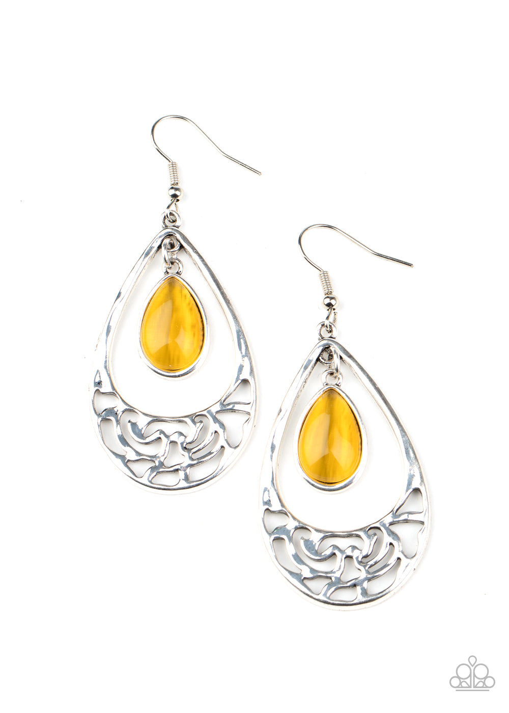 &lt;P&gt;A dewy yellow cat\&#039;s eye teardrop swings from the top of a shimmery silver teardrop frame that features whimsical floral filigree detail. Earring attaches to a standard fishhook fitting.&lt;/P&gt;  

&lt;P&gt; &lt;I&gt;  Sold as one pair of earrings. &lt;/I&gt;  &lt;/P&gt;

&lt;img src=\&quot;https://d9b54x484lq62.cloudfront.net/paparazzi/shopping/images/517_tag150x115_1.png\&quot; alt=\&quot;New Kit\&quot; align=\&quot;middle\&quot; height=\&quot;50\&quot; width=\&quot;50\&quot;/&gt;