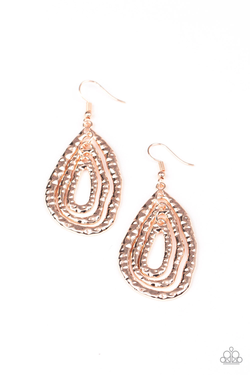&lt;P&gt;Delicately hammered in shimmery details, a trio of asymmetrical rose gold teardrops link into a shimmering tiered lure. Earring attaches to a standard fishhook fitting.
&lt;/P&gt;  

&lt;P&gt; &lt;I&gt;  Sold as one pair of earrings. &lt;/I&gt;  &lt;/P&gt;


&lt;img src=\&quot;https://d9b54x484lq62.cloudfront.net/paparazzi/shopping/images/517_tag150x115_1.png\&quot; alt=\&quot;New Kit\&quot; align=\&quot;middle\&quot; height=\&quot;50\&quot; width=\&quot;50\&quot;/&gt;