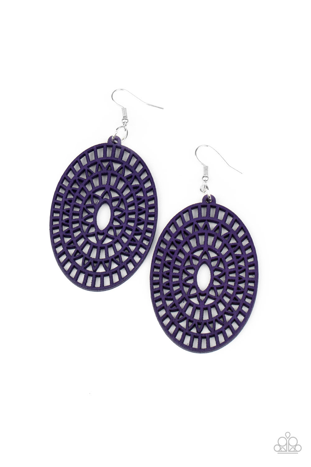 &lt;P&gt;Painted in a vivacious purple finish, an oval wooden frame has been cut into an airy floral stencil for a seasonal flair. Earring attaches to a standard fishhook fitting.
&lt;/P&gt;  

&lt;P&gt; &lt;I&gt;  Sold as one pair of earrings. &lt;/I&gt;  &lt;/P&gt;


&lt;img src=\&quot;https://d9b54x484lq62.cloudfront.net/paparazzi/shopping/images/517_tag150x115_1.png\&quot; alt=\&quot;New Kit\&quot; align=\&quot;middle\&quot; height=\&quot;50\&quot; width=\&quot;50\&quot;/&gt;