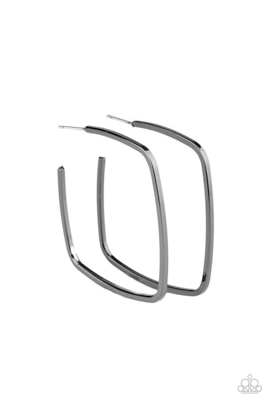 &lt;P&gt; A glistening gunmetal bar delicately bends into an edgy square-like hoop for a trendy look. Earring attaches to a standard post fitting. Hoop measures approximately 2 1/4\&quot; in diameter.&lt;/P&gt;  

&lt;P&gt; &lt;I&gt;  Sold as one pair of hoop earrings. &lt;/I&gt;  &lt;/P&gt;


&lt;img src=\&quot;https://d9b54x484lq62.cloudfront.net/paparazzi/shopping/images/517_tag150x115_1.png\&quot; alt=\&quot;New Kit\&quot; align=\&quot;middle\&quot; height=\&quot;50\&quot; width=\&quot;50\&quot;/&gt;